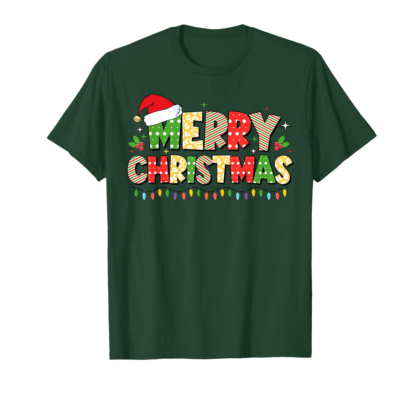 Merry Christmas Lights Santa Hat Xmas Family Men Women Kids T-Shirt