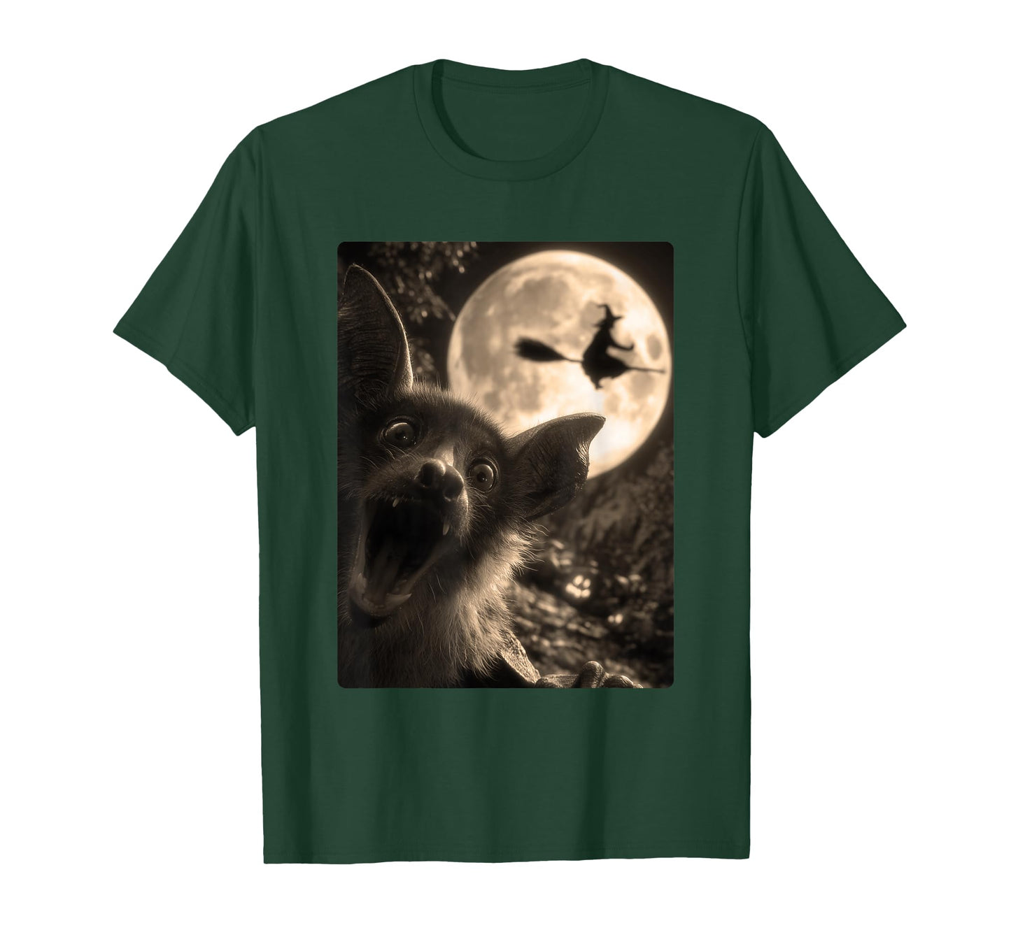 Funny Bat Selfie Full Moon Flying Witch Forest Halloween T-Shirt