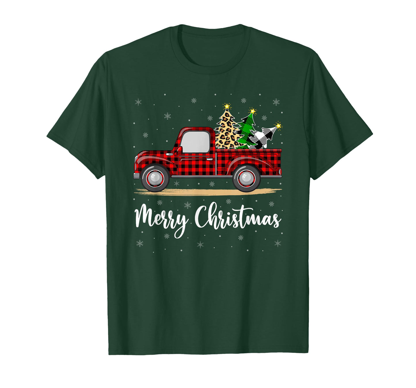 Merry Christmas Leopard Buffalo Plaid Xmas Tree Red Truck T-Shirt