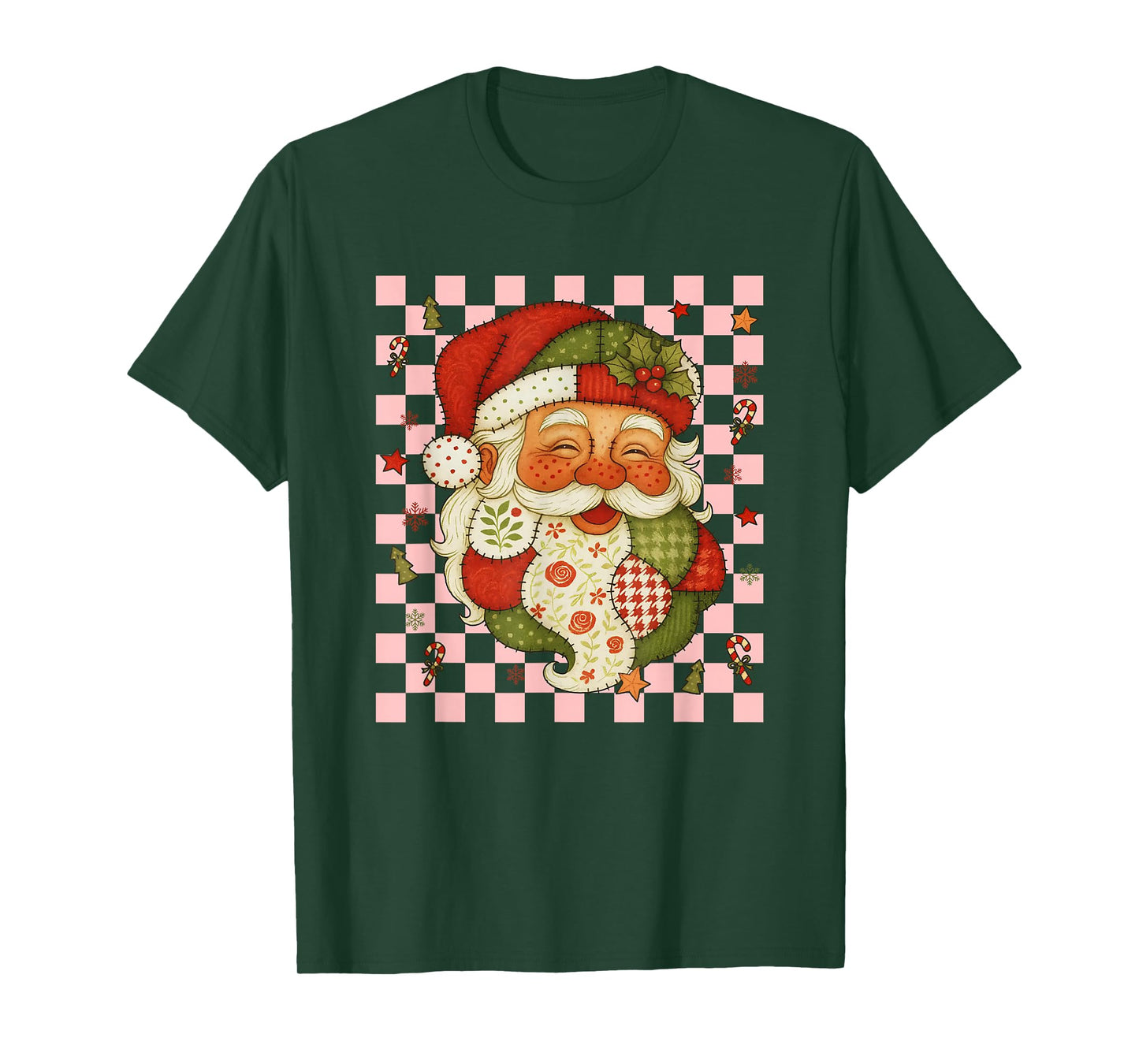 Retro Patchwork Santa Claus Christmas Preppy Merry Xmas T-Shirt