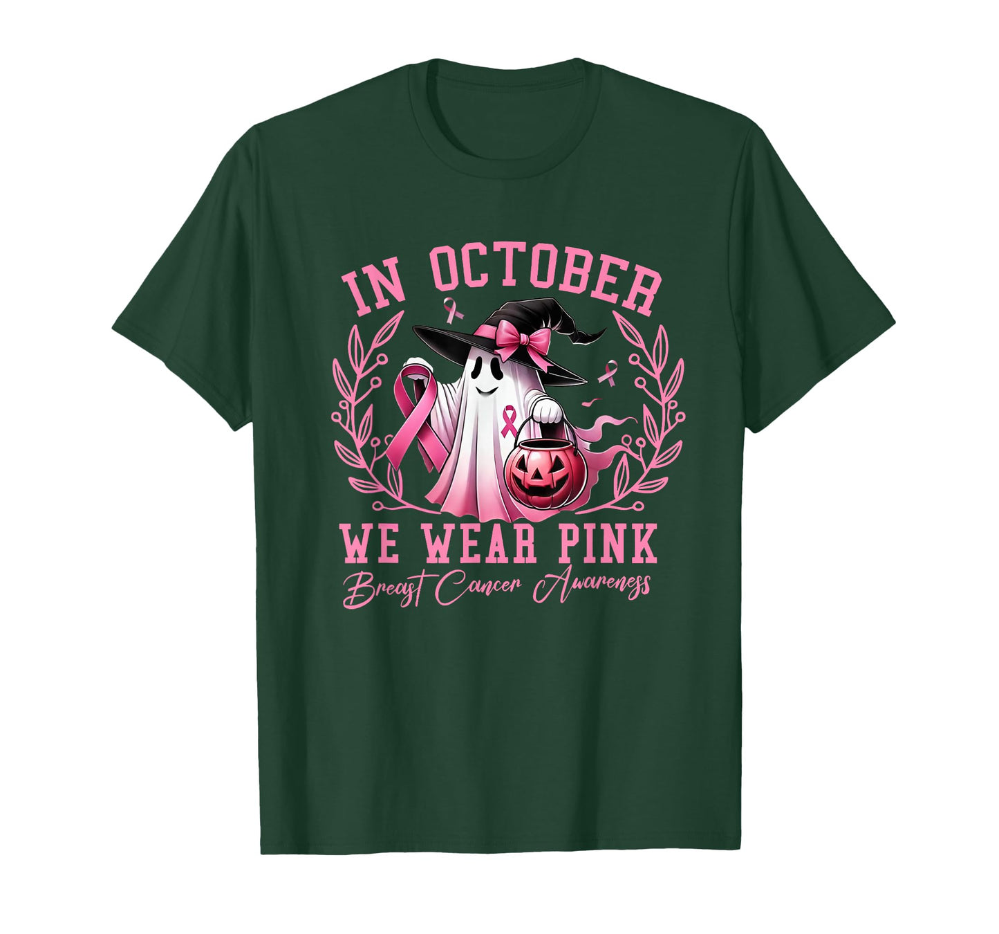 in October We Wear Pink Ghost Witch Breast Cancer Awareness T-Shirt