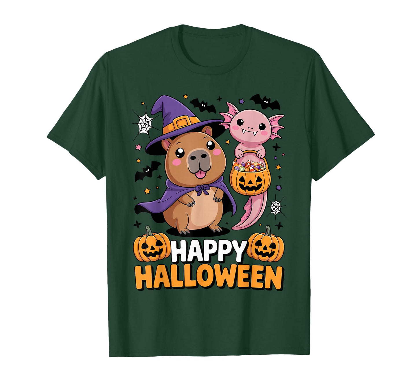 Cute Capybara and Axolotl Happy Halloween Kids T-Shirt