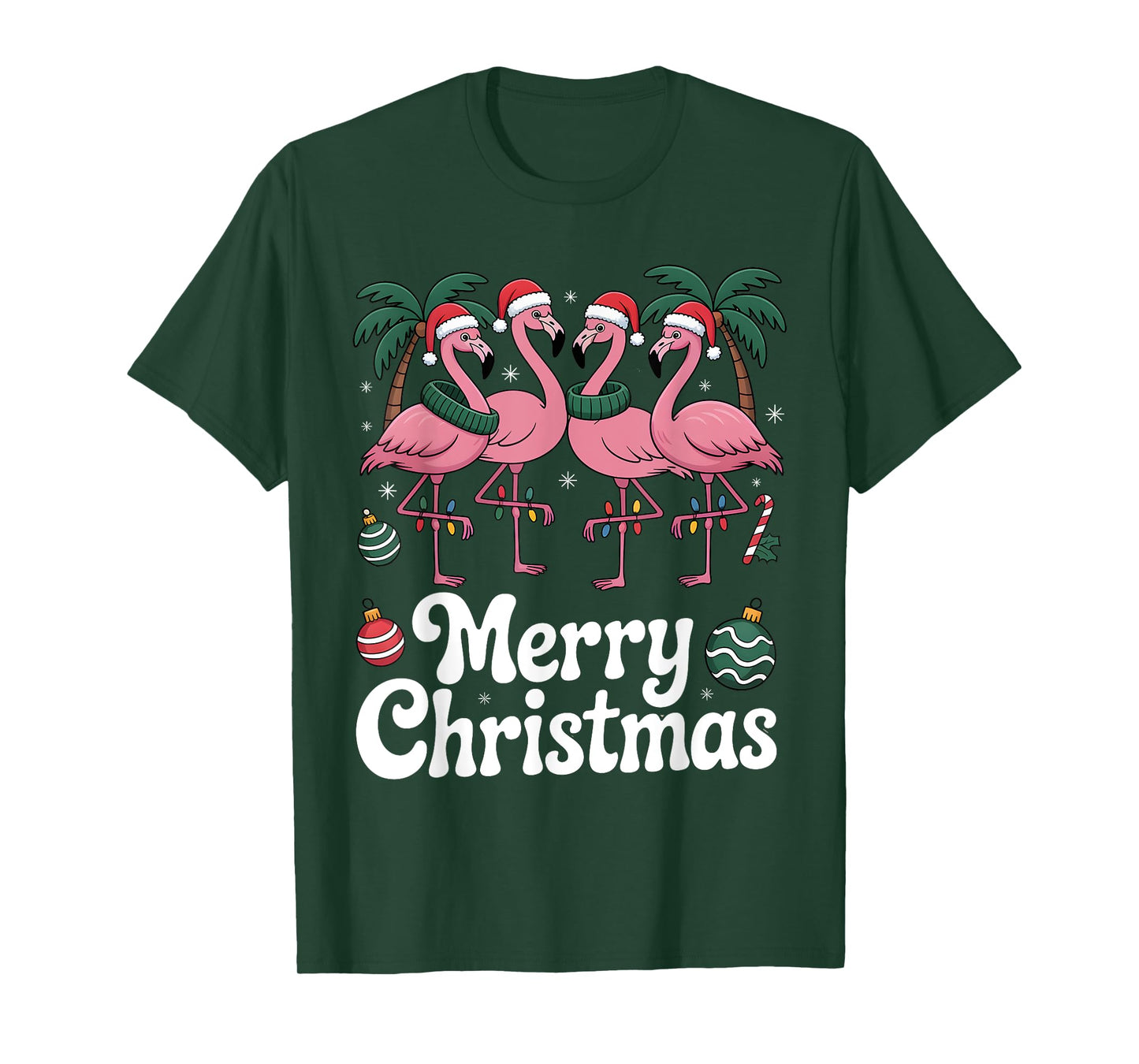 Merry Christmas Pink Flamingo Santa Hat Xmas Lights T-Shirt