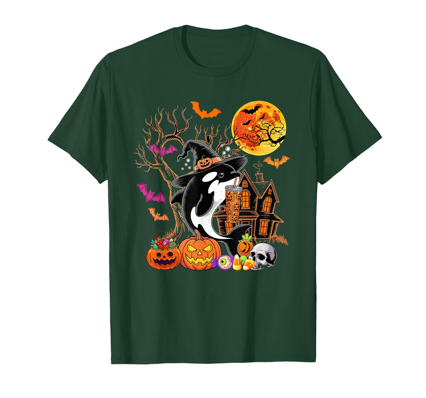 Orca As Witch Drinking Coffee Halloween Carved Pumpkin T-Shirt