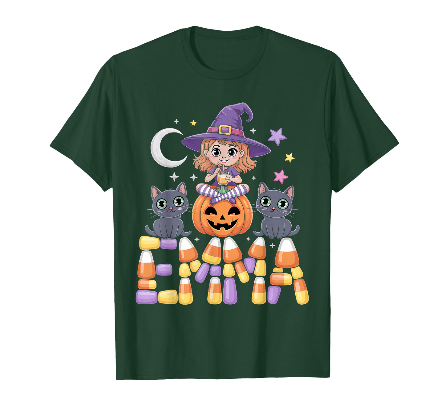 Emma Witch Candy Corn Cat Halloween Women and Girls T-Shirt
