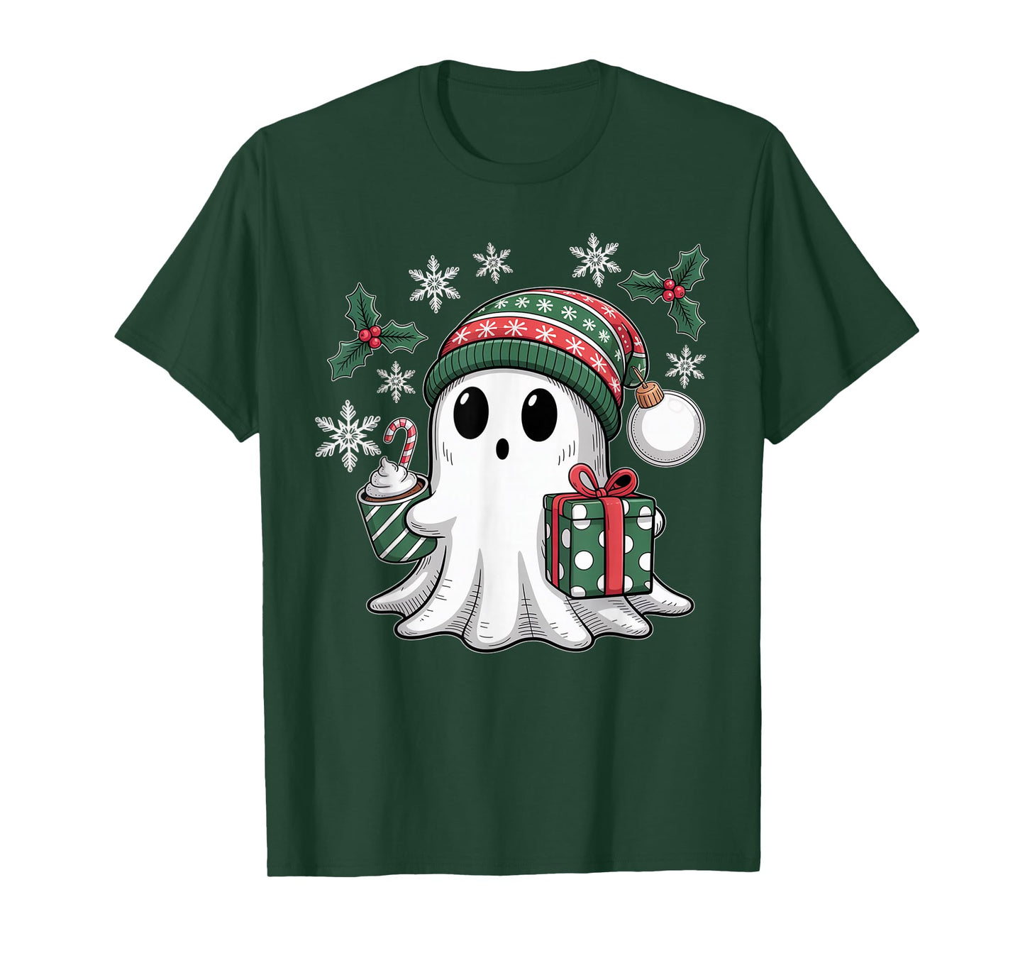 Cute Christmas Ghost Spirit with Santa Hat Coffee and Gift T-Shirt
