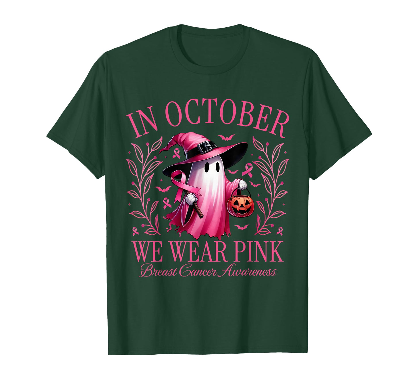 in October We Wear Pink Ghost Breast Cancer Awareness Ribbon T-Shirt