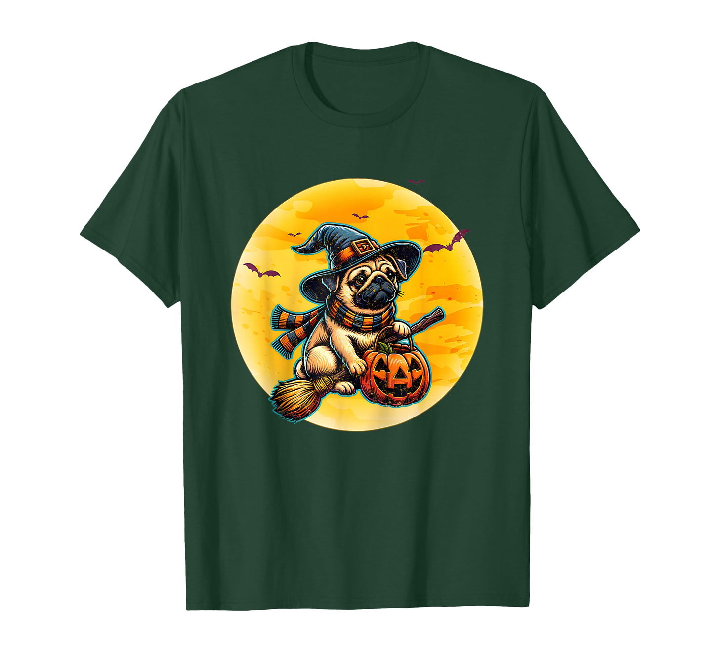 Dog Witch Broom Full Moon Pug Halloween T-Shirt