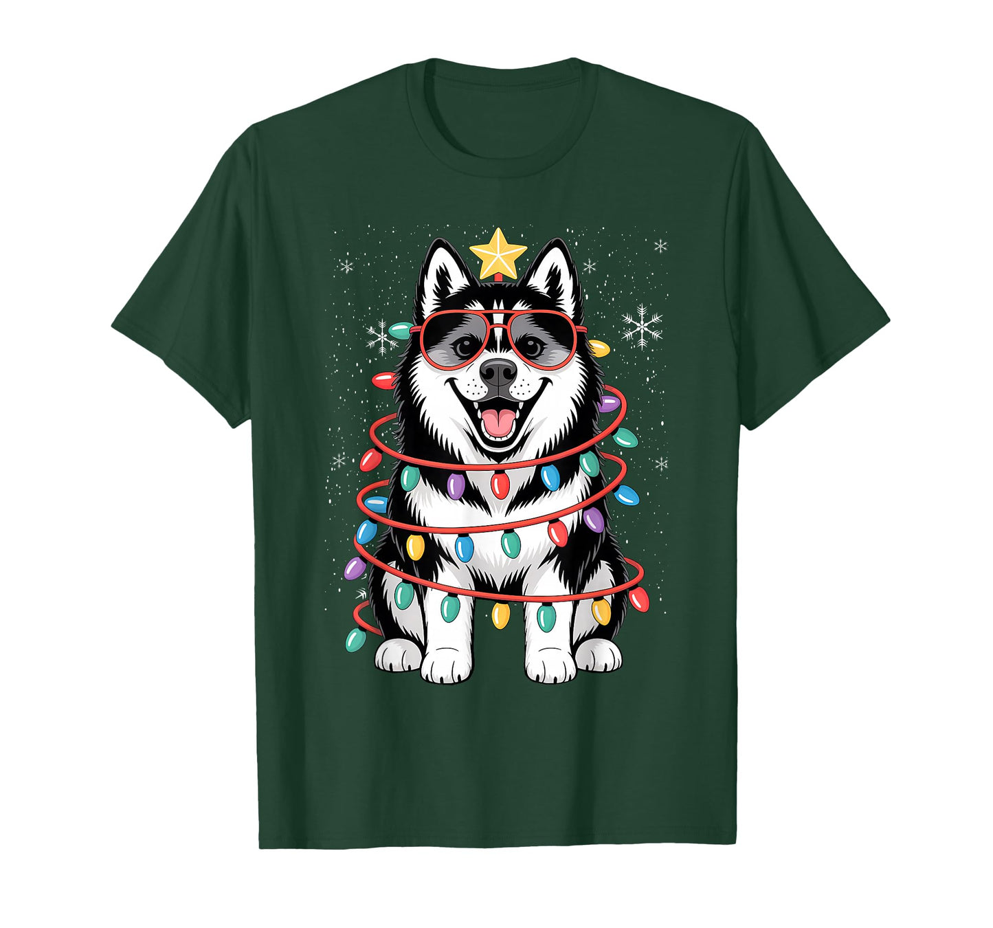 Siberian Husky Christmas Tree Lights Santa Xmas Dog T-Shirt