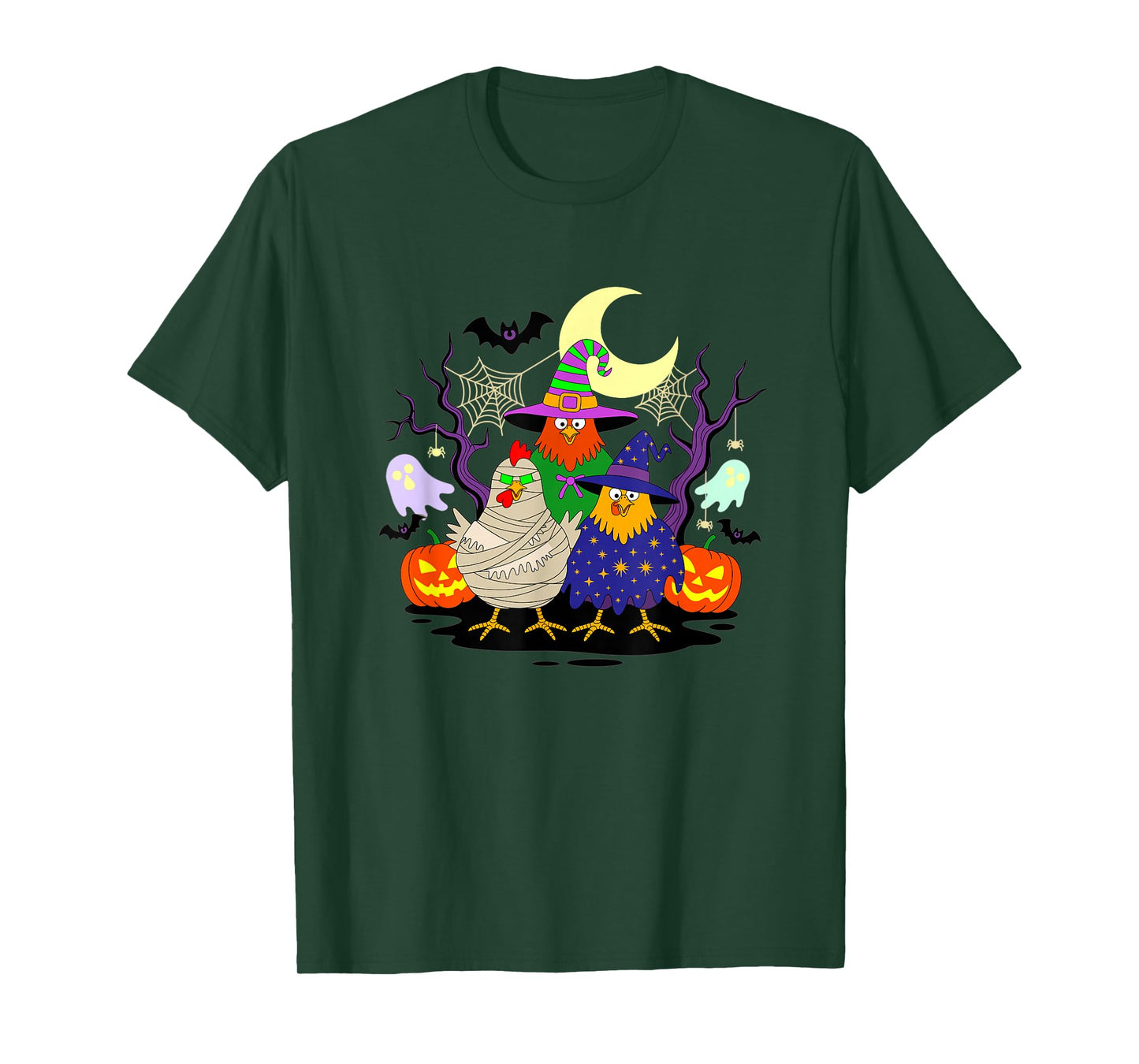 Halloween Chickens Mummy Witch Hat Pumpkin Ghosts Bats T-Shirt
