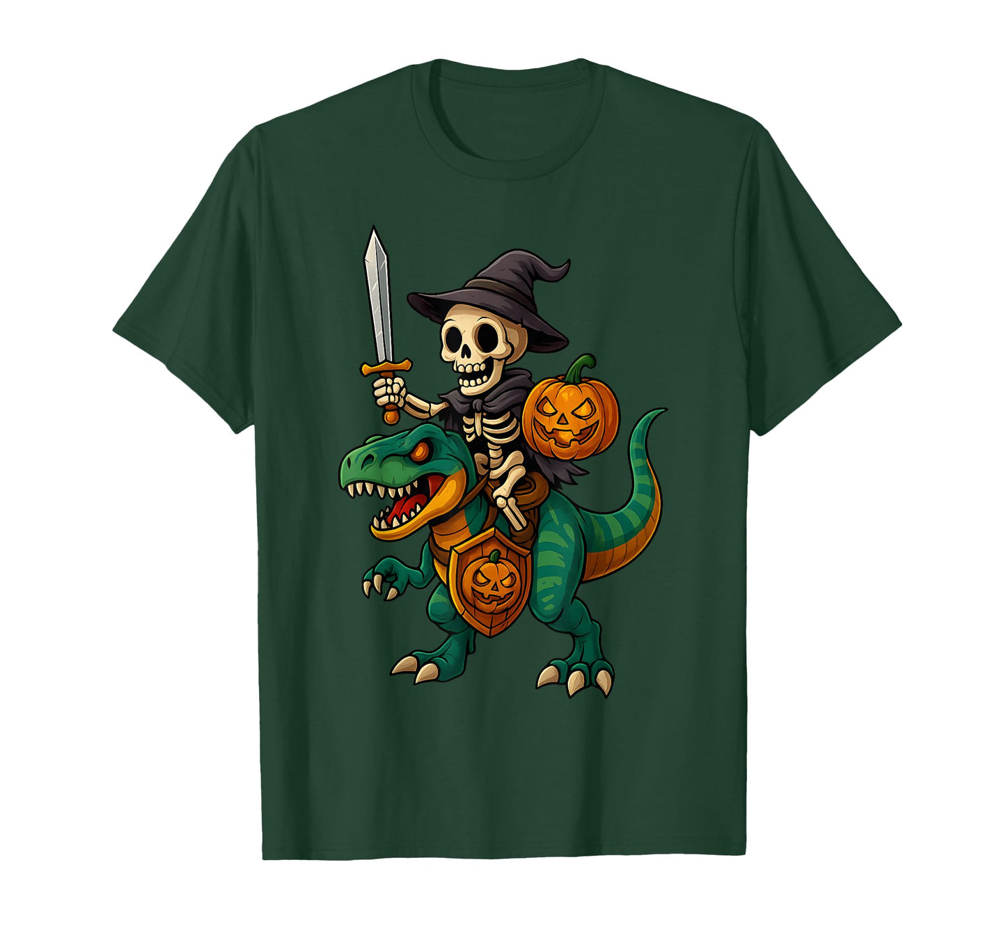 Funny Skeleton Riding T Rex with Sword and Pumpkin Halloween T-Shirt