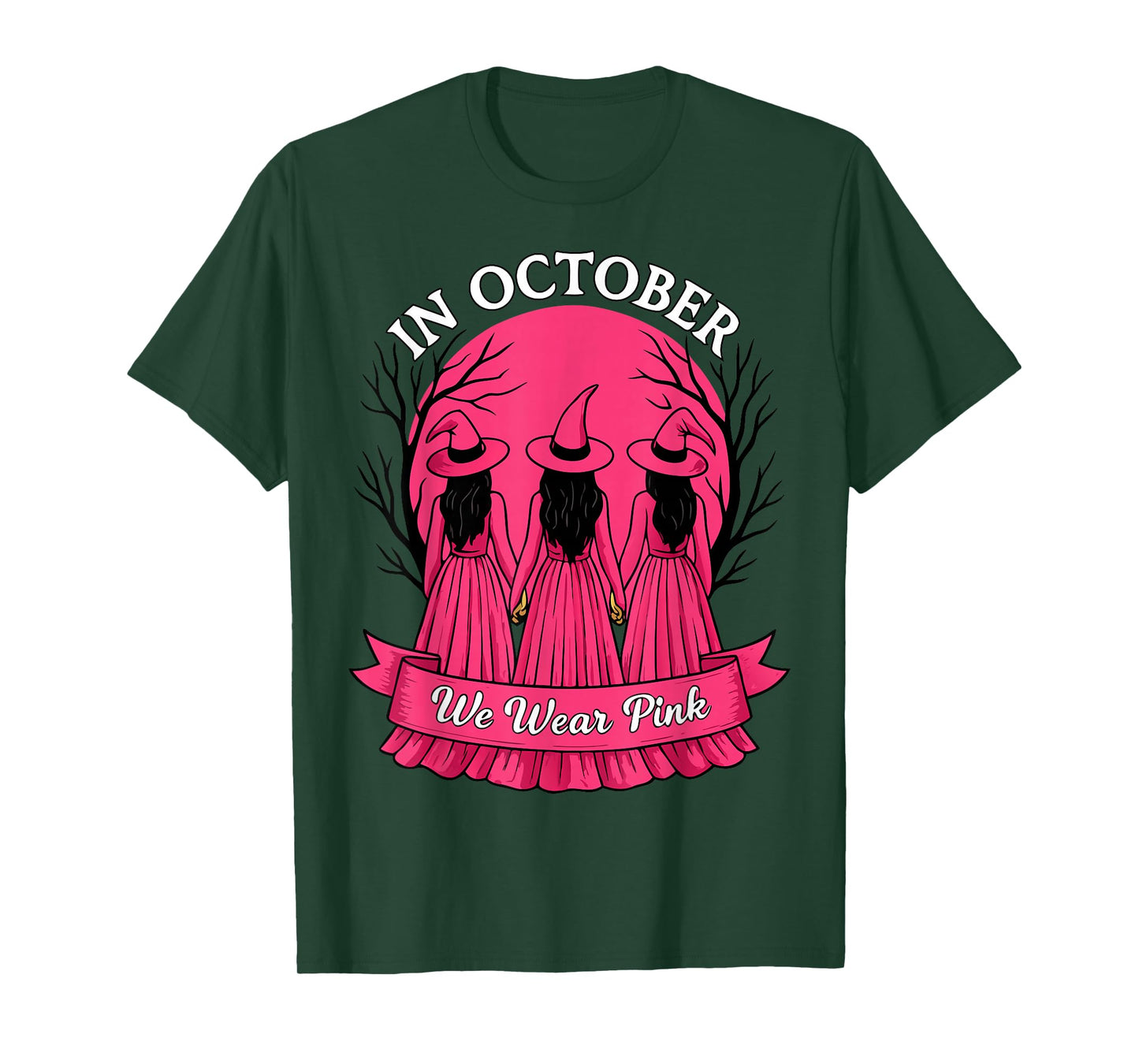 in October We Wear Pink Witch Halloween Breast Cancer Women T-Shirt