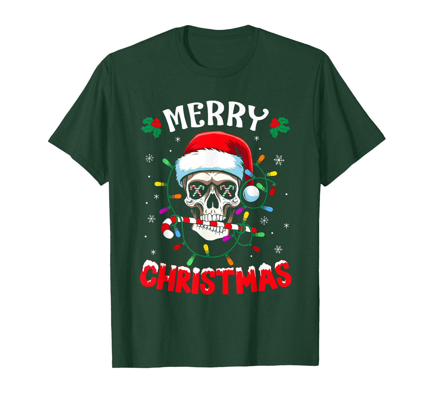 Merry Christmas Lights Red Santa Hat Skull Family Men Women T-Shirt
