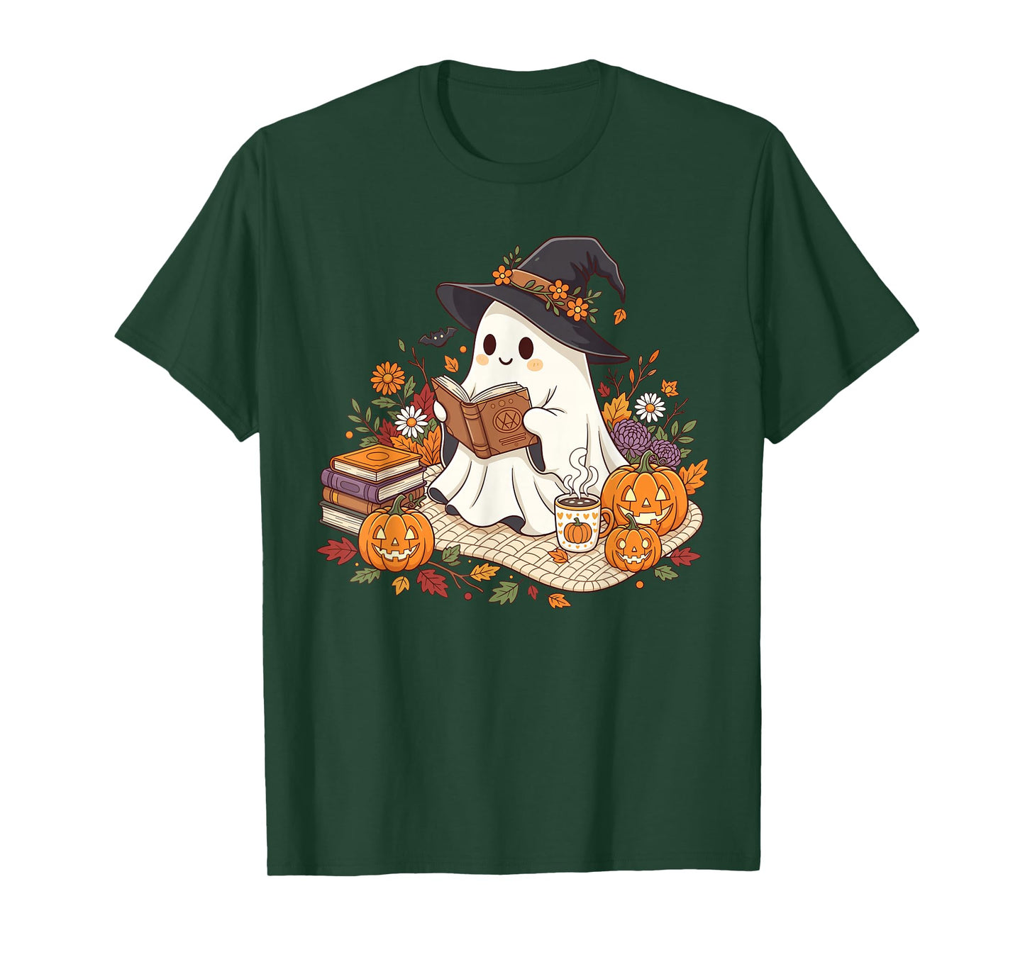 Ghost Reading Book Pumpkin Flower Halloween Reader Bookworm T-Shirt