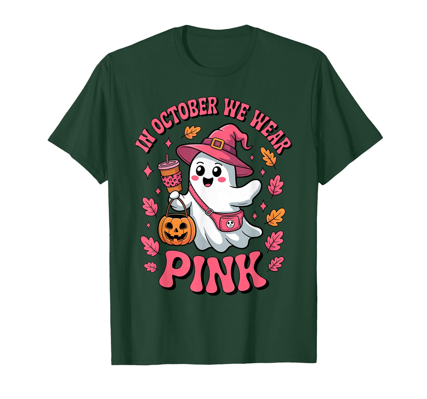 in October We Wear Pink Cute Ghost Halloween Drinking Coffee T-Shirt