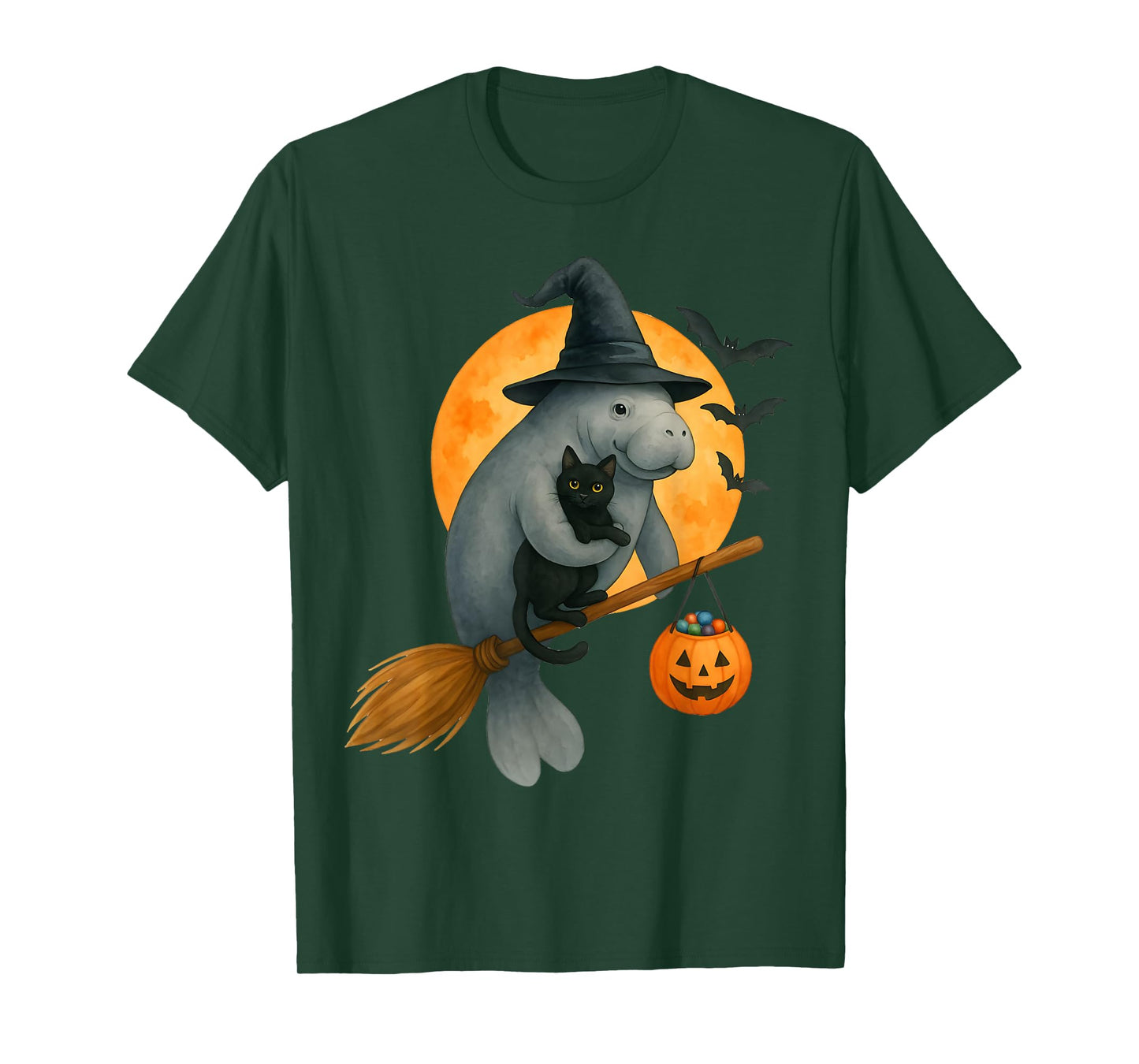 Manatee Witch Hat Black Cat Pumpkin Halloween Costume T-Shirt