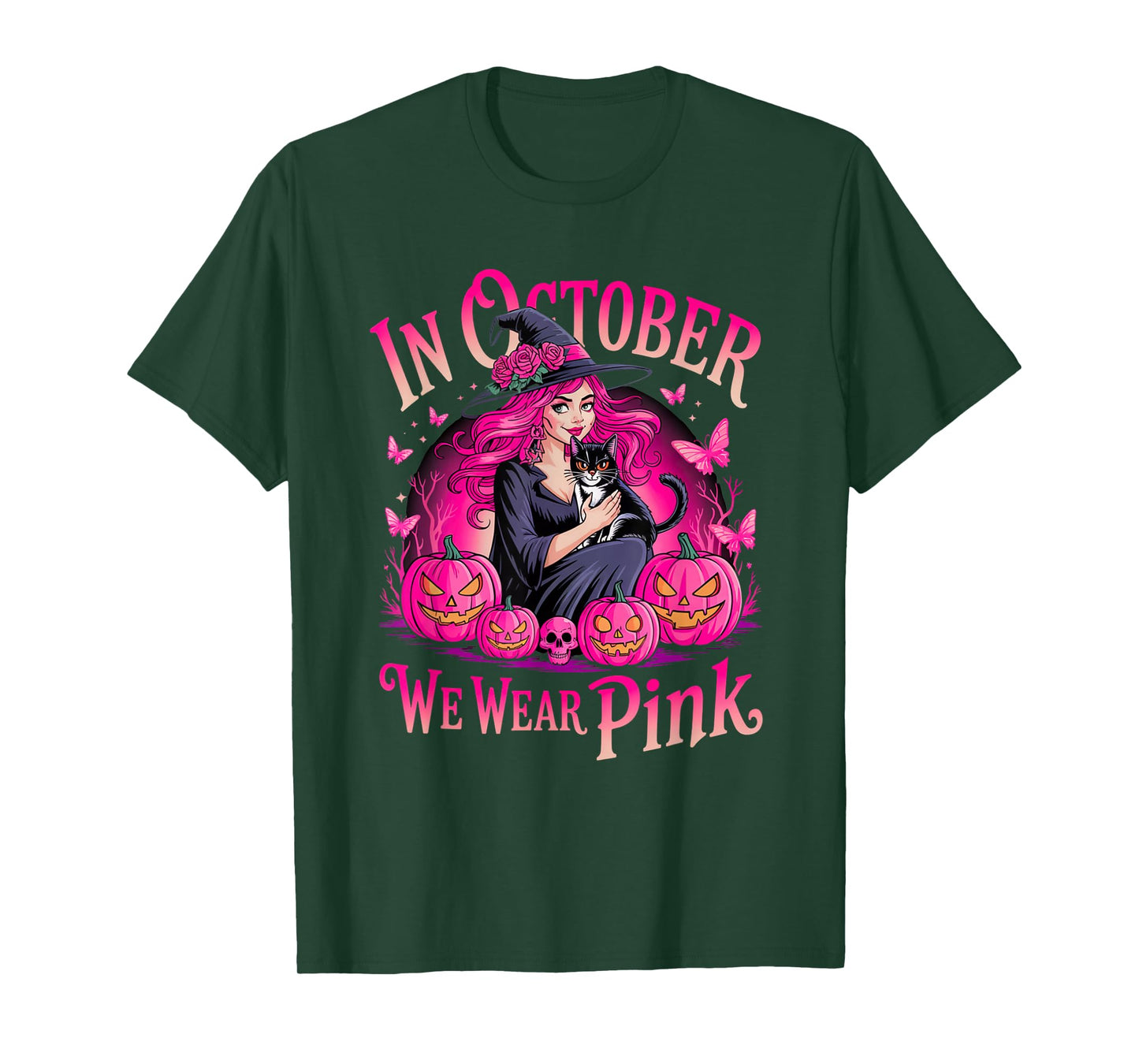 Retro in October We Wear Pink Witch Breast Cancer Awareness T-Shirt