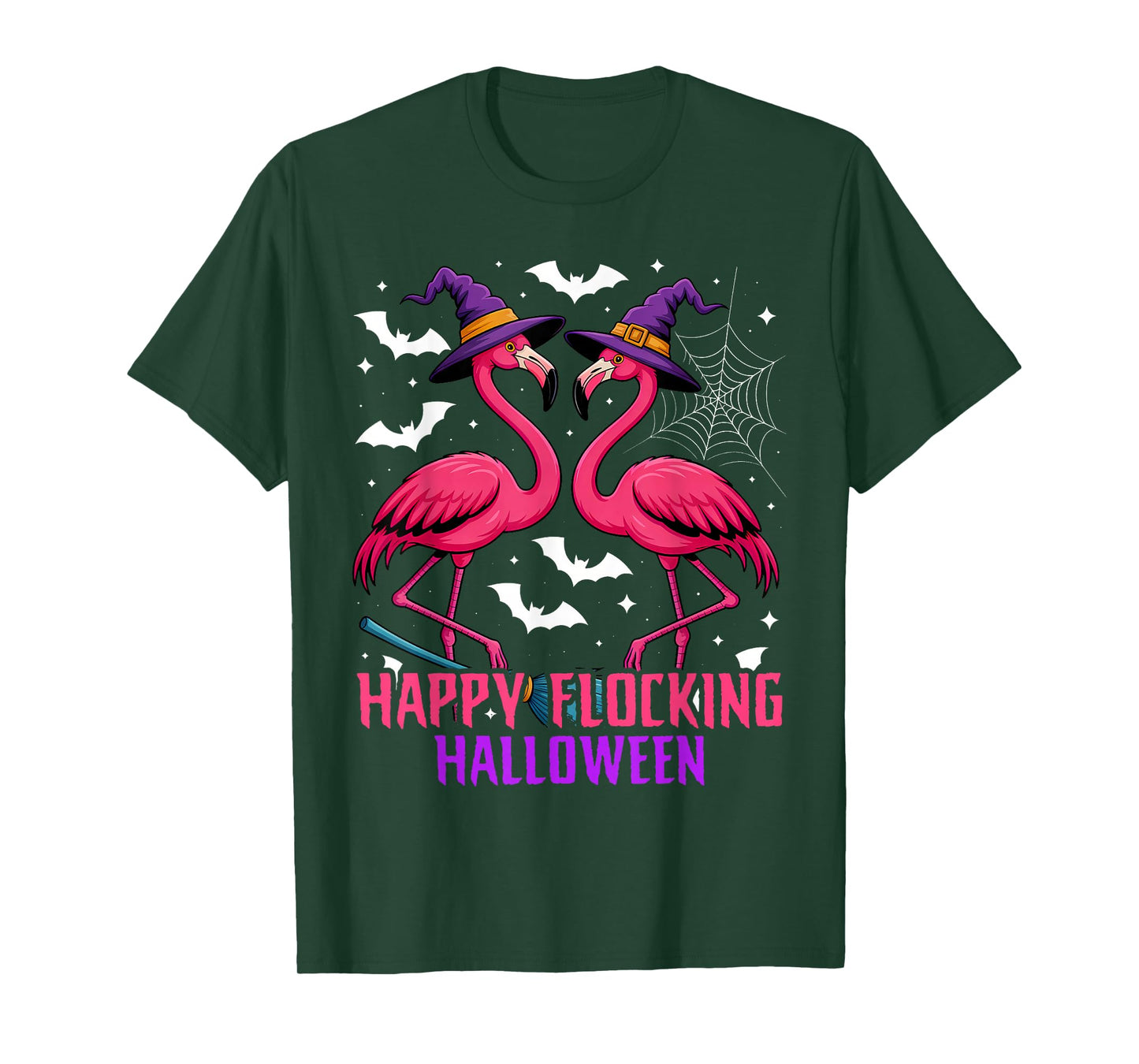 Happy Flocking Halloween Funny Pink Flamingo Witch T-Shirt