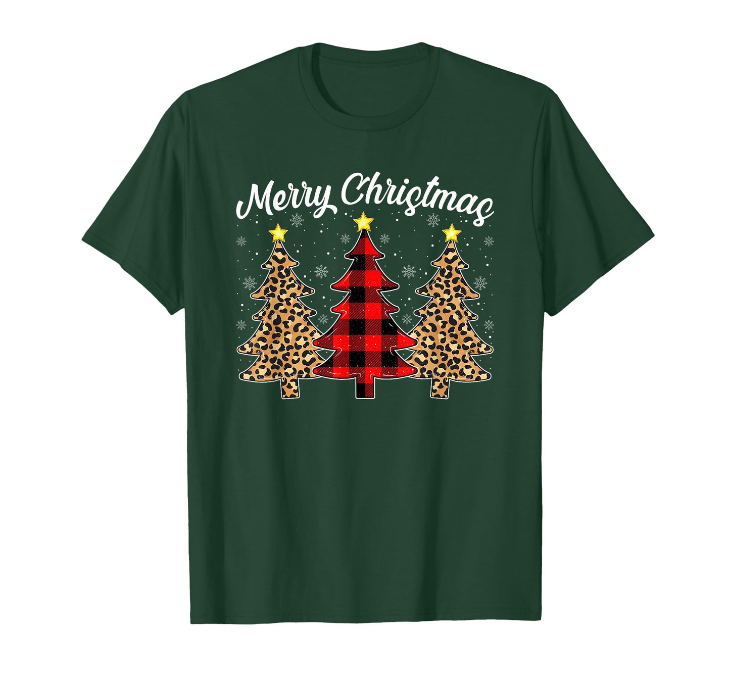 Merry Christmas Pajamas Leopard Buffalo Plaid Xmas Tree T-Shirt