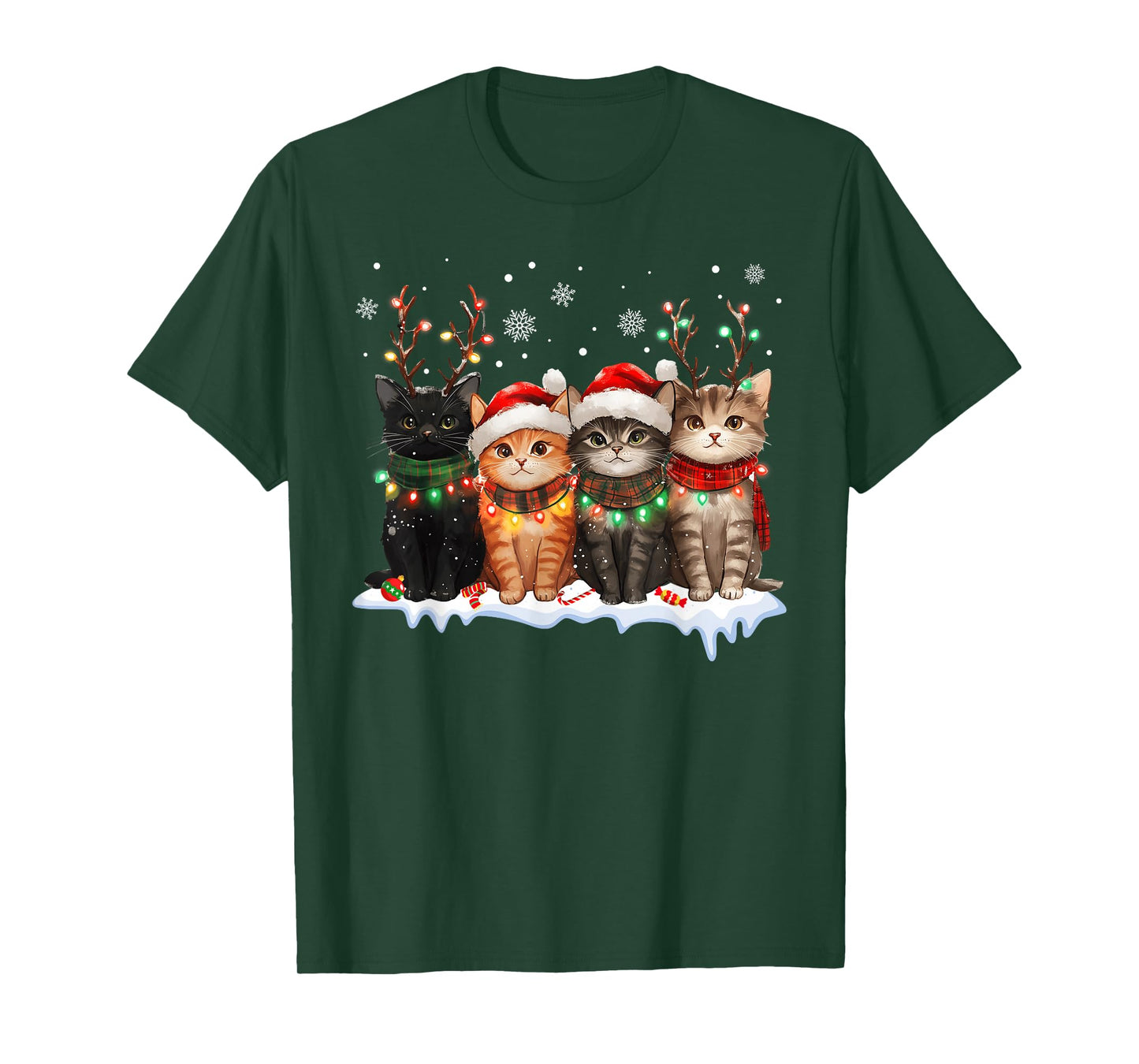 Cat Christmas Light Reindeer Santa Christmas Cat Lover T-Shirt