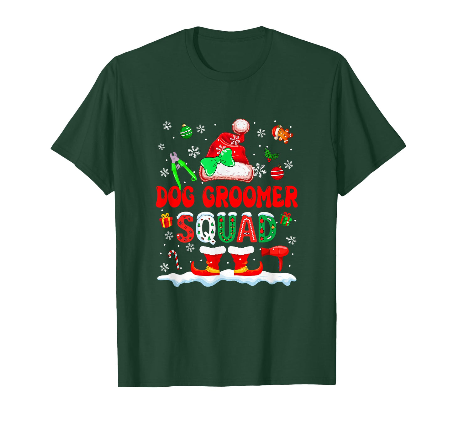 Dog Groomer Squad Women Job Christmas Santa Costume Bow Tie T-Shirt