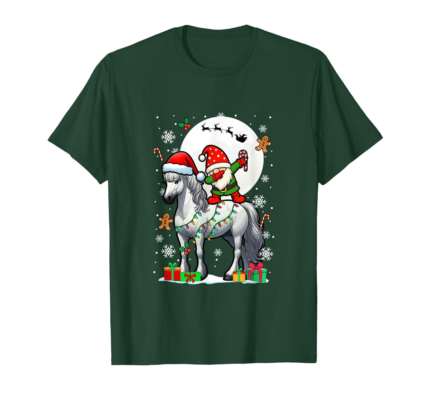 Dabbing Gnome On Horse Christmas Santa Colorful Lights T-Shirt