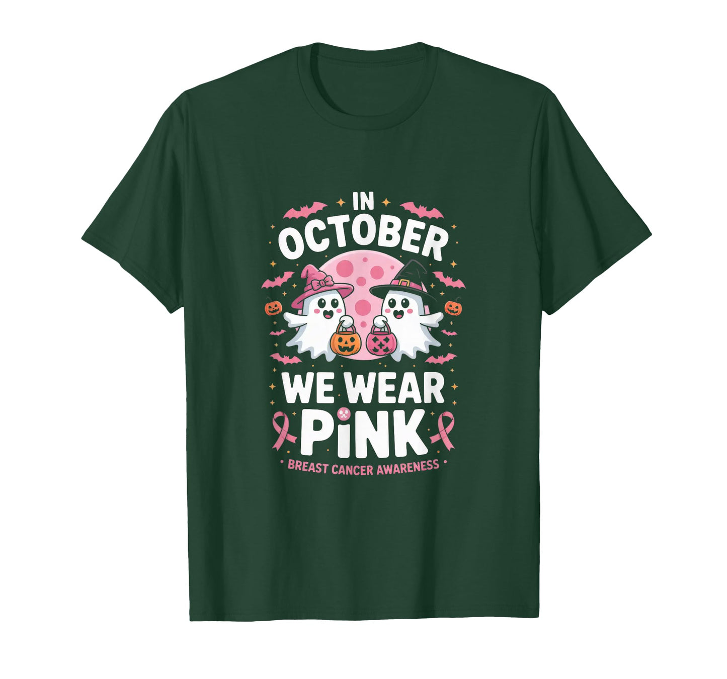 in October We Wear Pink Ghost Witch Breast Cancer Awareness T-Shirt