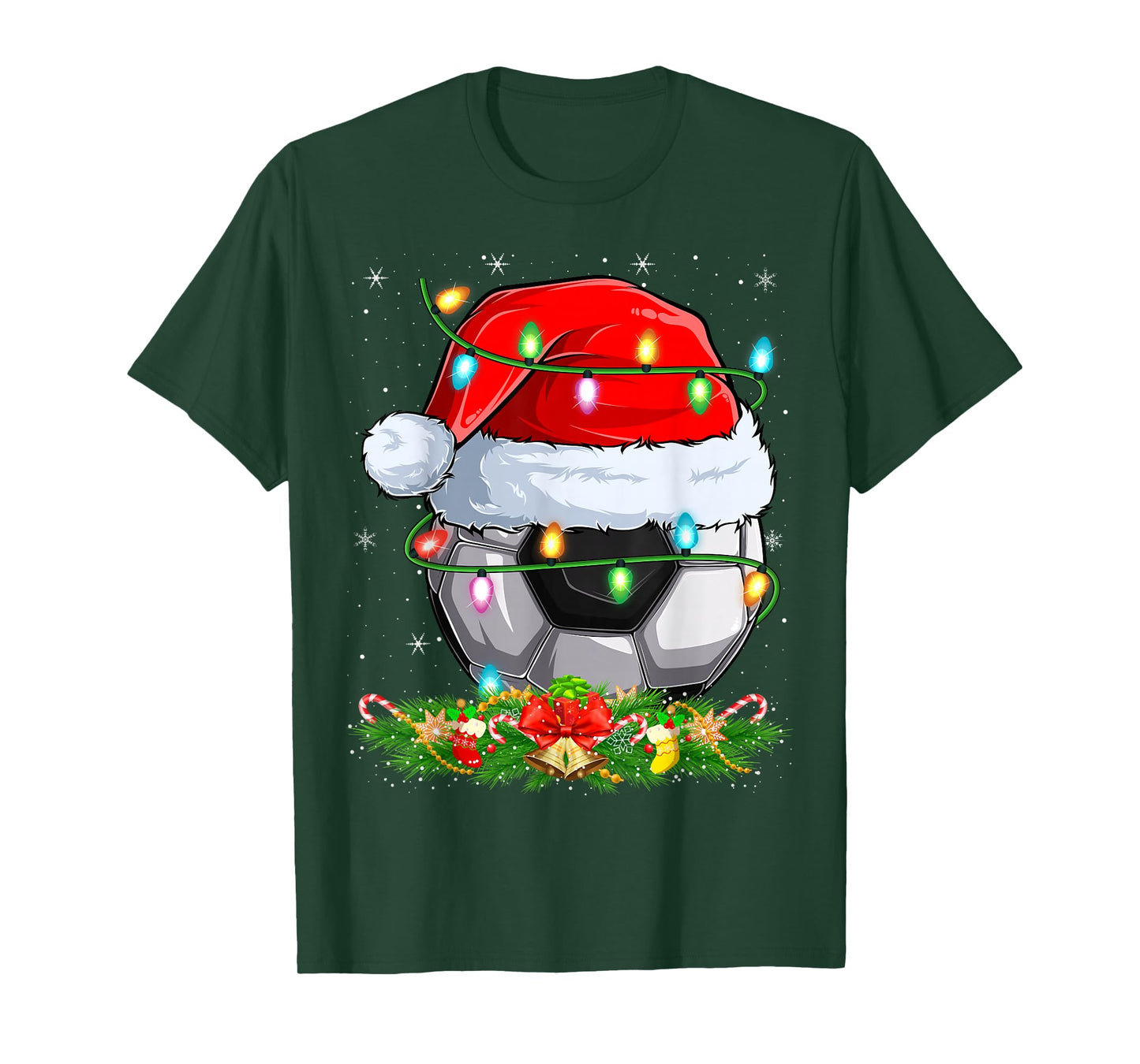Soccer Ball Christmas Lights Funny Santa Soccer Player Xmas T-Shirt