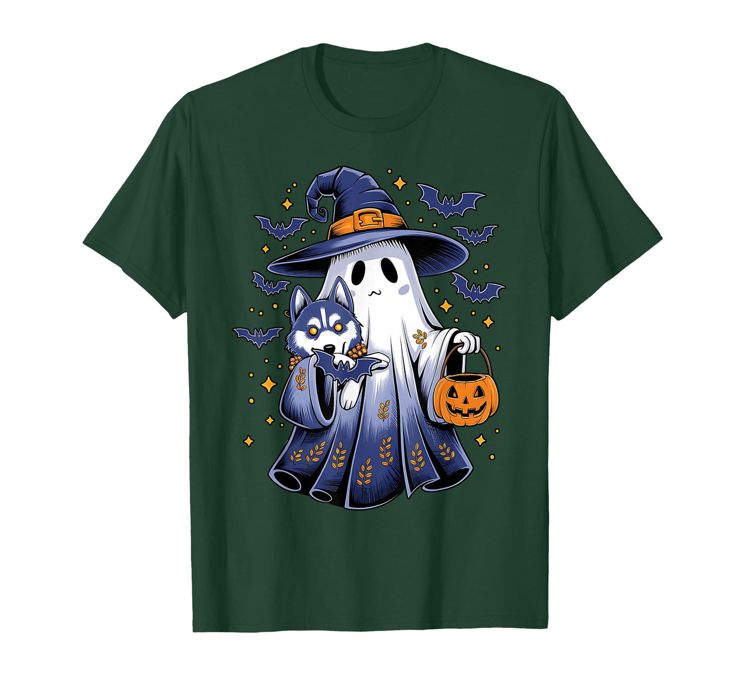 Ghost Witch Holding Siberian Husky Dog Pumpkins Halloween T-Shirt
