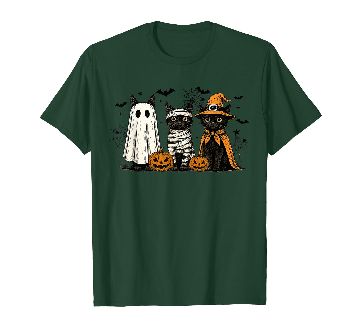 Retro Black Cat Witch Scary Halloween Pumpkin Women Men Kids T-Shirt