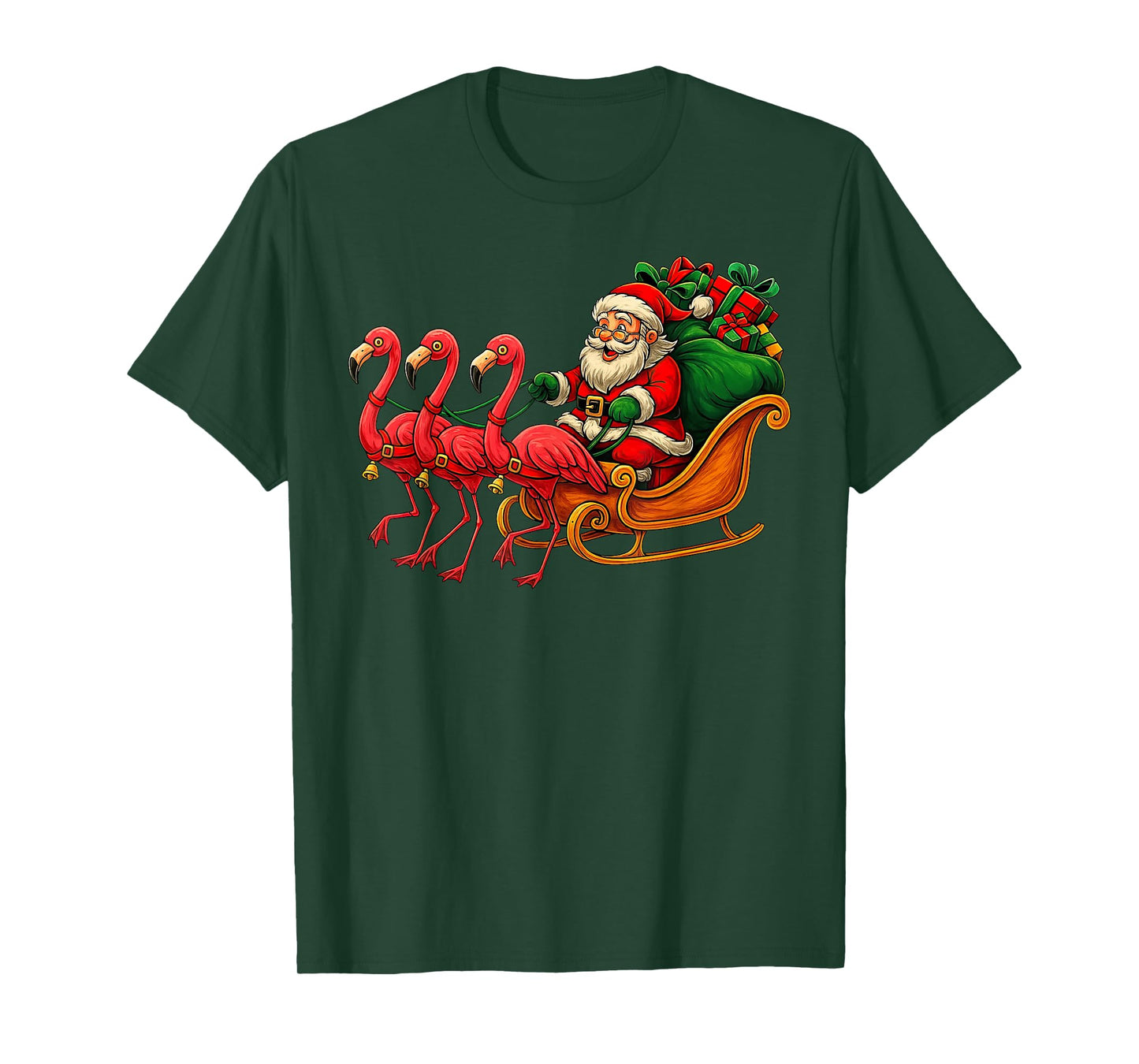 Cute Santa Sleigh Flamingo Funny Christmas T-Shirt
