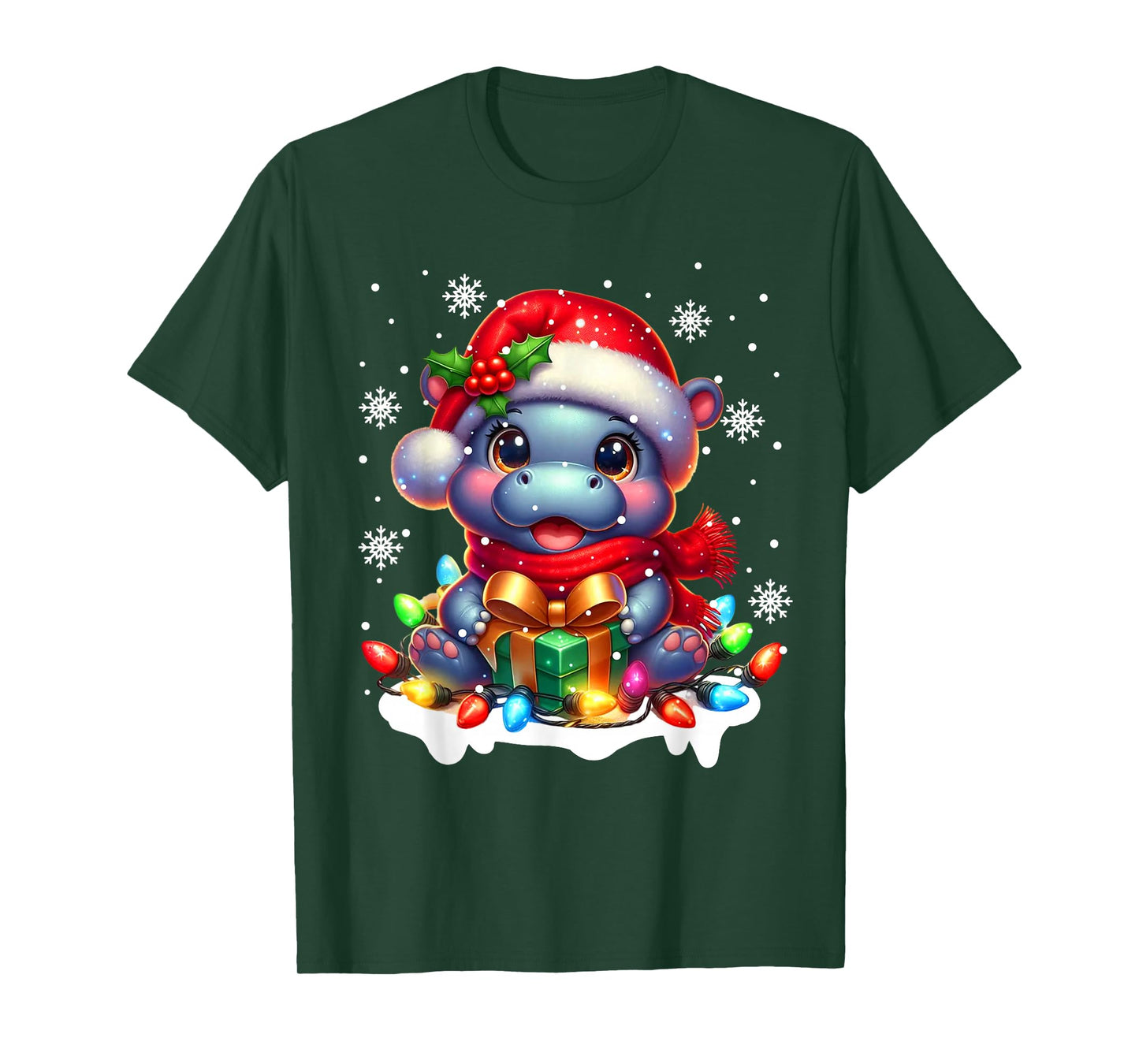 Funny Hippopotamus Santa Tangled up in Christmas Lights T-Shirt