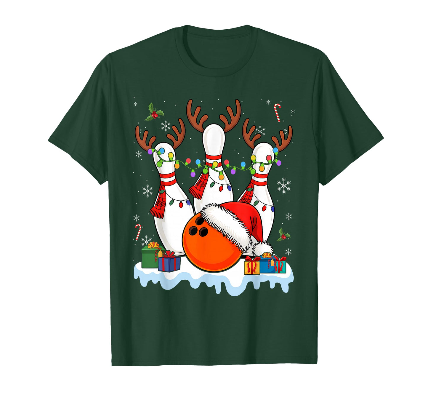 Christmas Bowling Santa Hat Lights T-Shirt