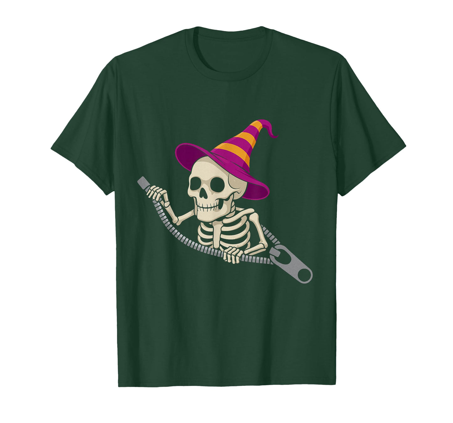 Skeleton in a Witch Hat Emerging from a Zipper for Halloween T-Shirt