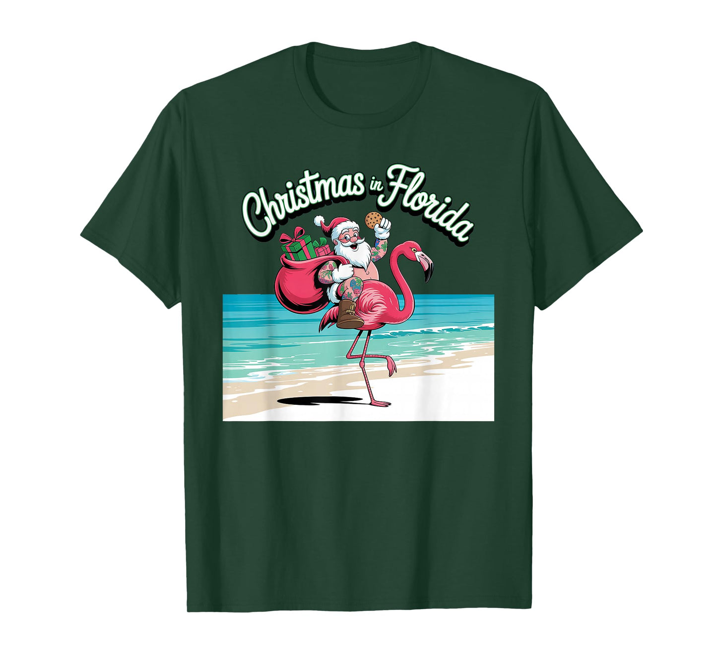 Christmas in Florida Sun Tanning Santa Riding Flamingo T-Shirt