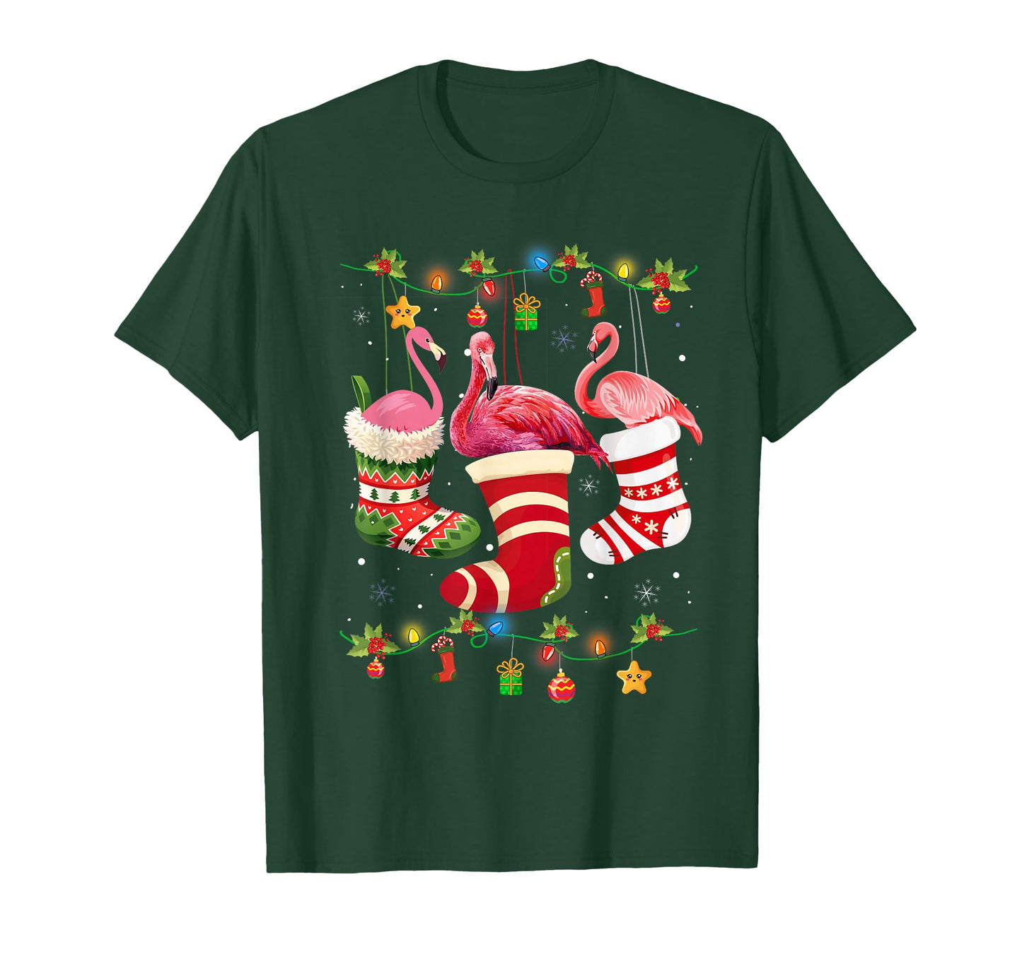 Christmas Lights Pink Flamingo Santa Hat Xmas Women Girls T-Shirt