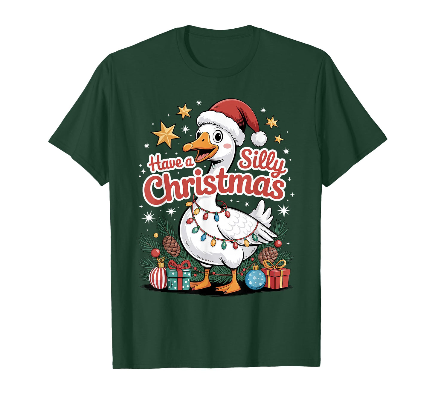 Have A Silly Christmas Funny Goose Santa Hat Lights Stars T-Shirt