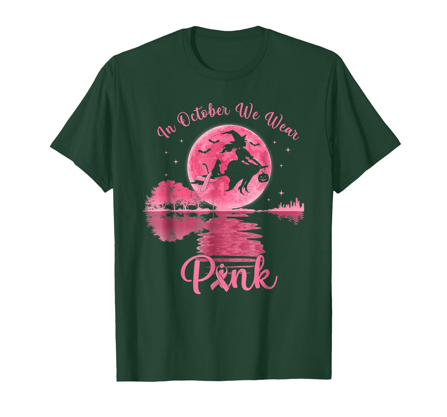 in October We Wear Pink Ribbon Witch Halloween Breast Cancer T-Shirt