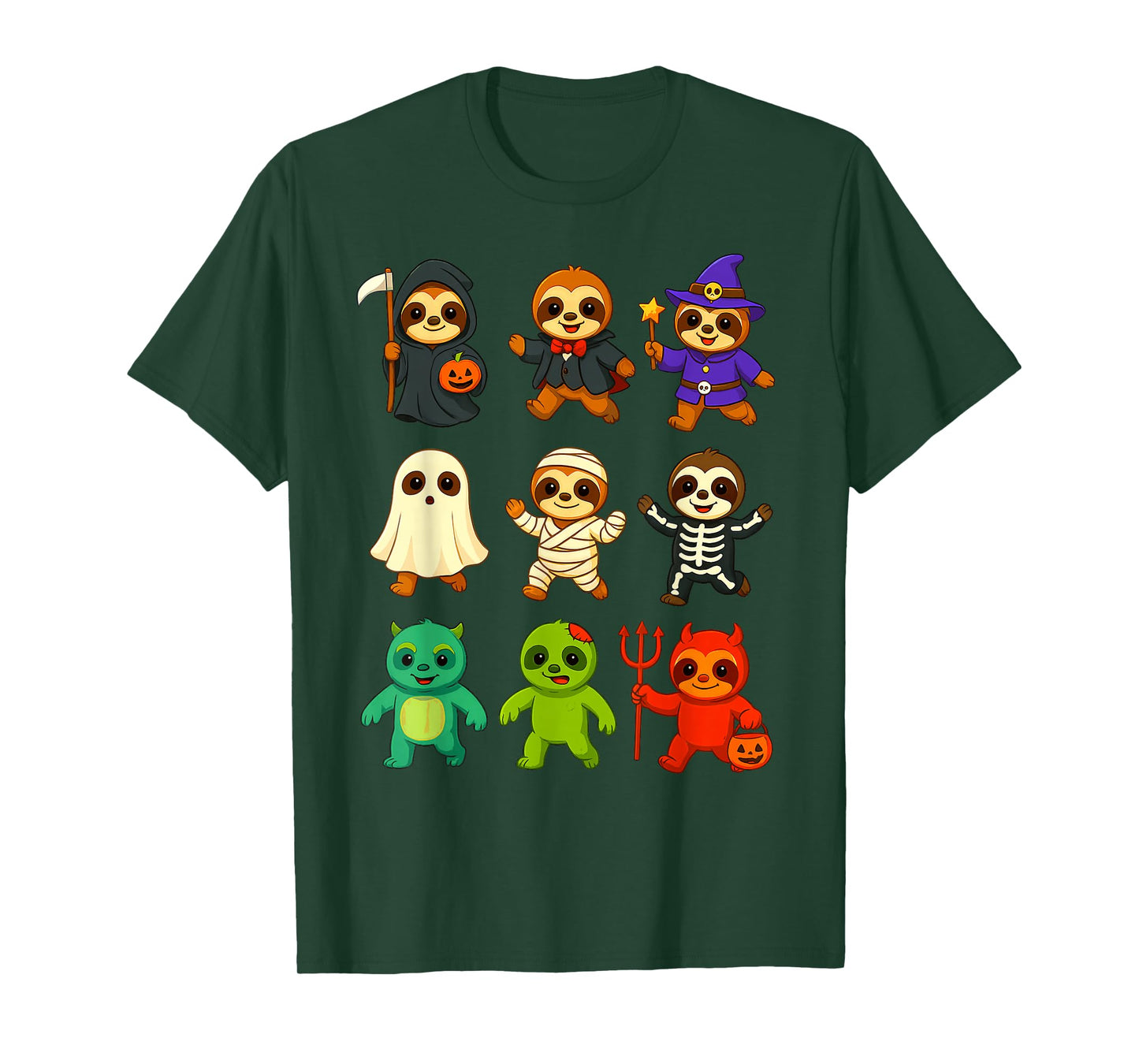 Cute Sloths Witch Pumpkin Skeleton Costume Happy Halloween T-Shirt
