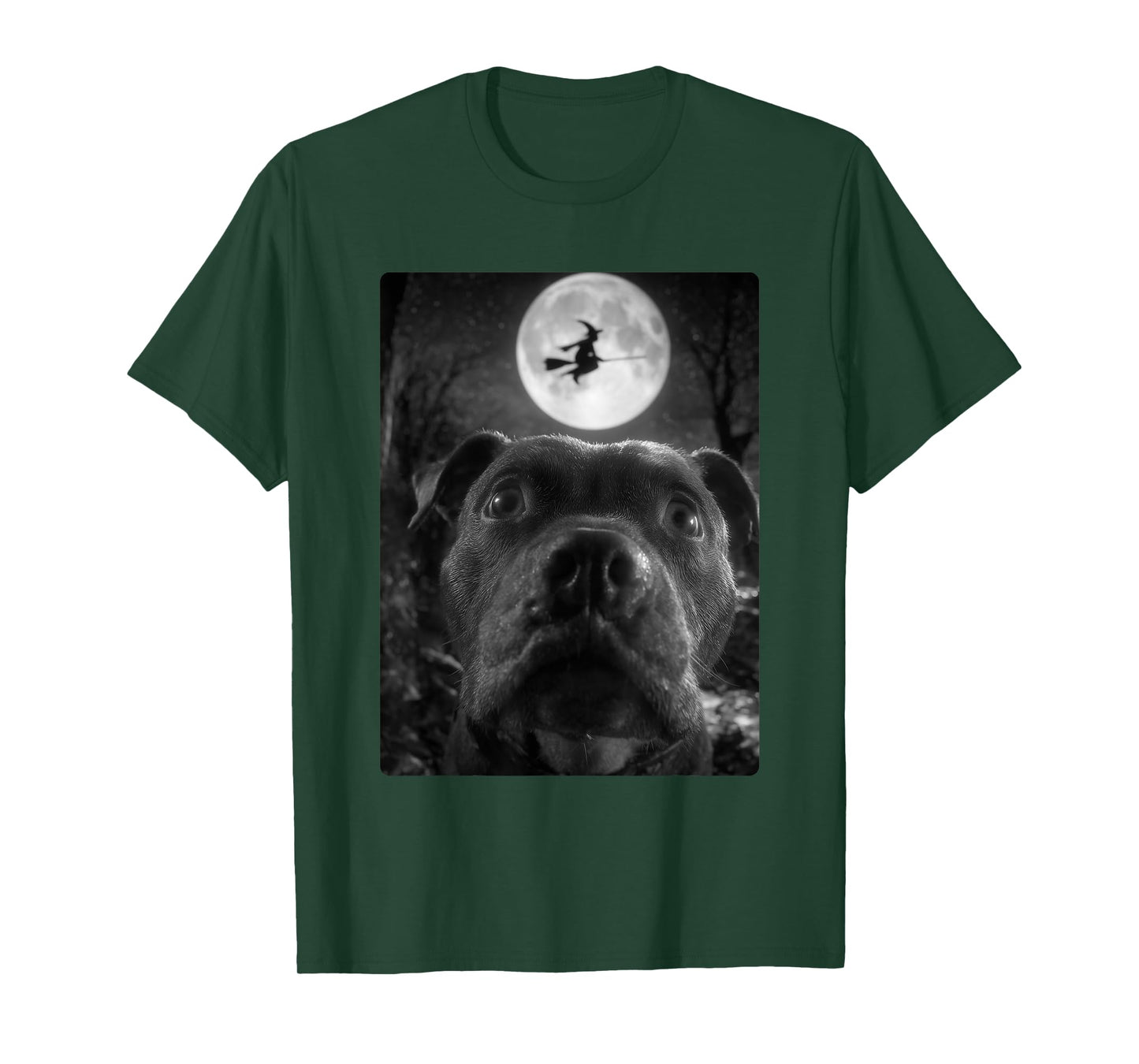Funny Pit Bull Selfie Full Moon Flying Witch Halloween Dog T-Shirt