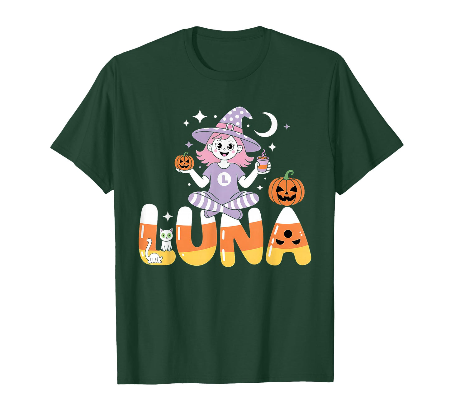 Luna Witch Candy Corn Cat Halloween Women and Girls T-Shirt