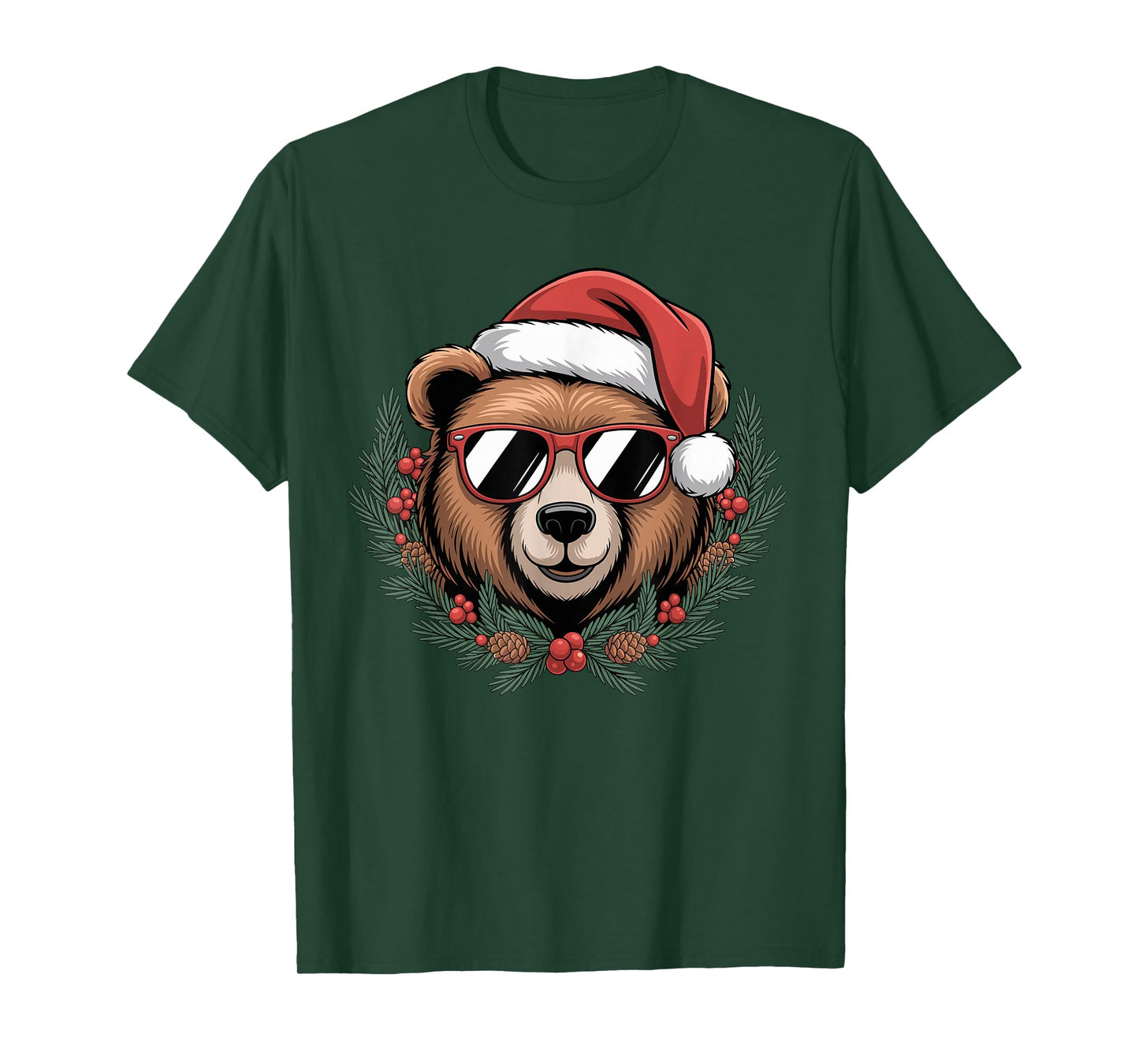 Christmas Bear with Santa Hat and Wreath Sunglasses T-Shirt