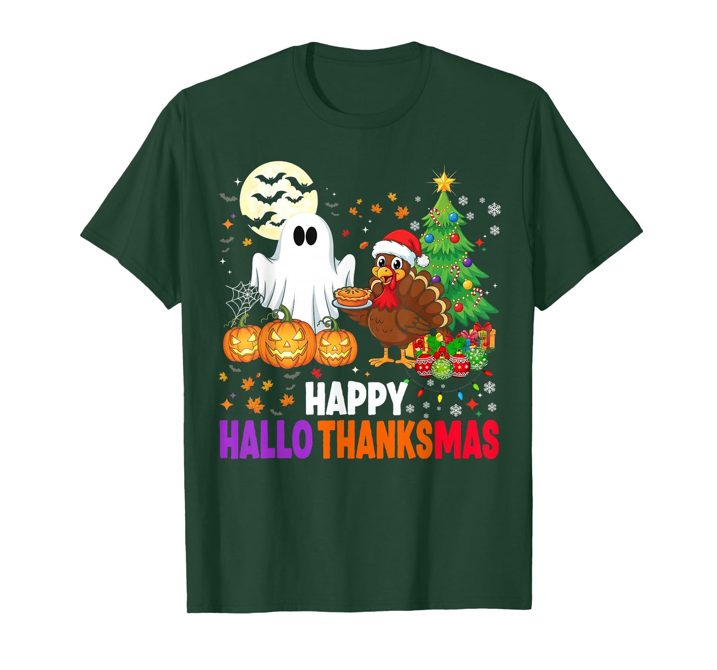 Happy HalloThanksMas Ghost 2025 Funny Halloween Thanksgiving T-Shirt