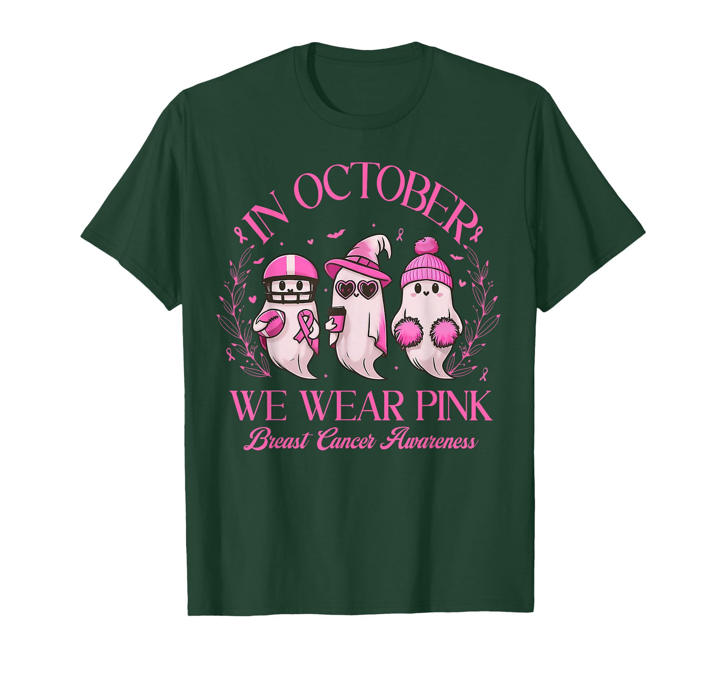 in October We Wear Pink Ghost Halloween Breast Cancer T-Shirt
