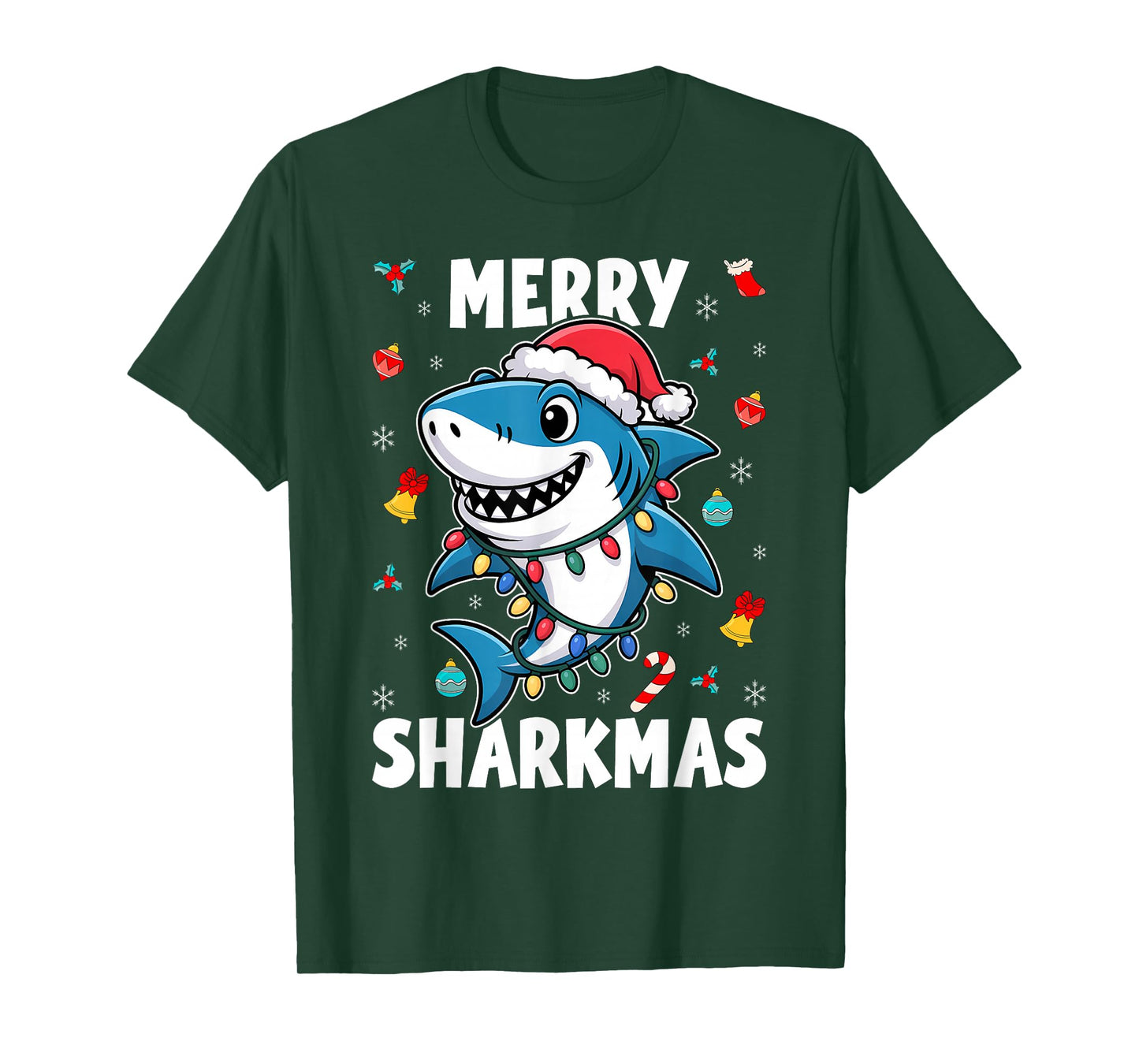 Santa Shark Christmas Lights Boys Merry Sharkmas Xmas T-Shirt