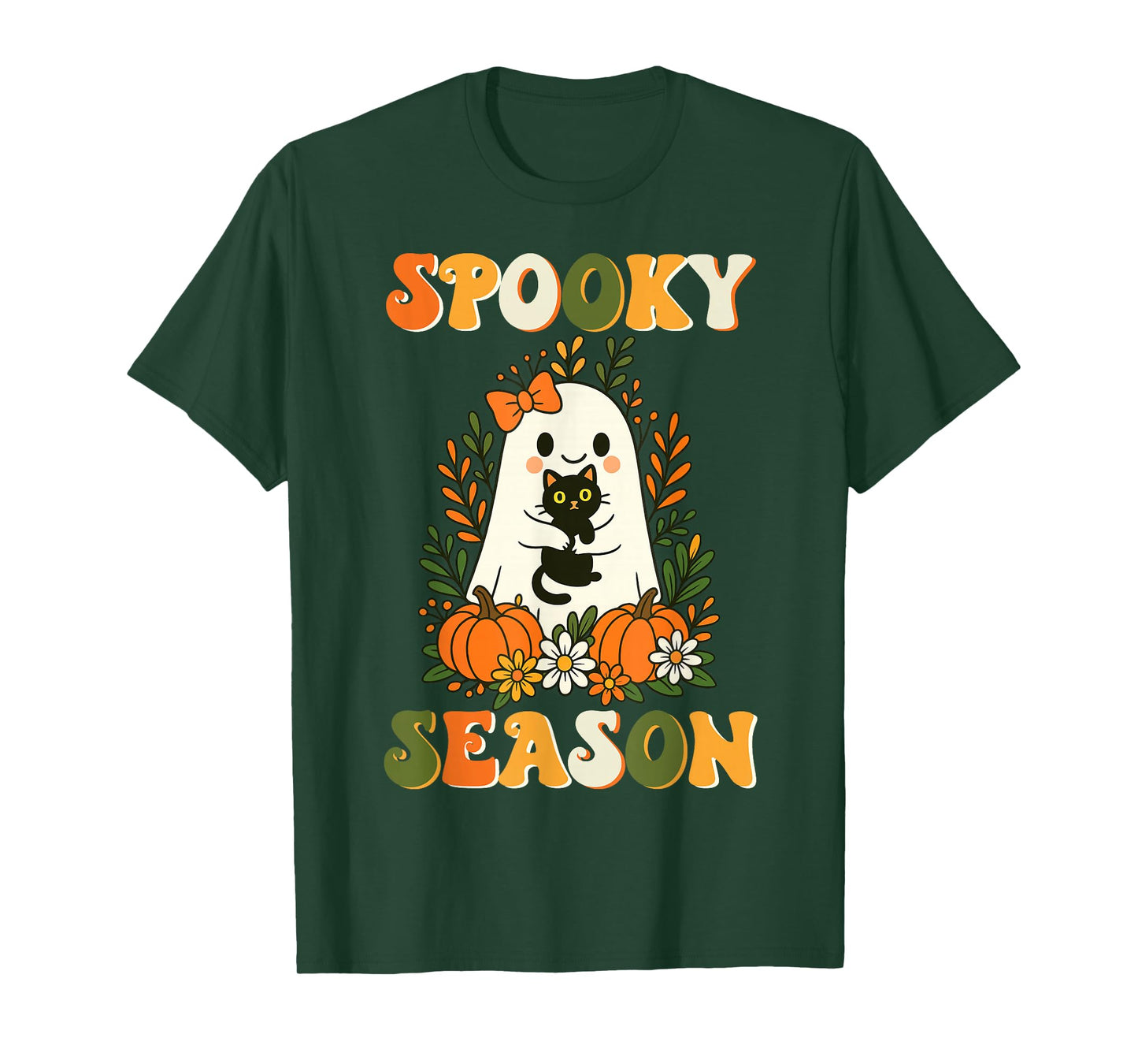 Spooky Season Ghost with Black Cat and Pumpkins Halloween T-Shirt
