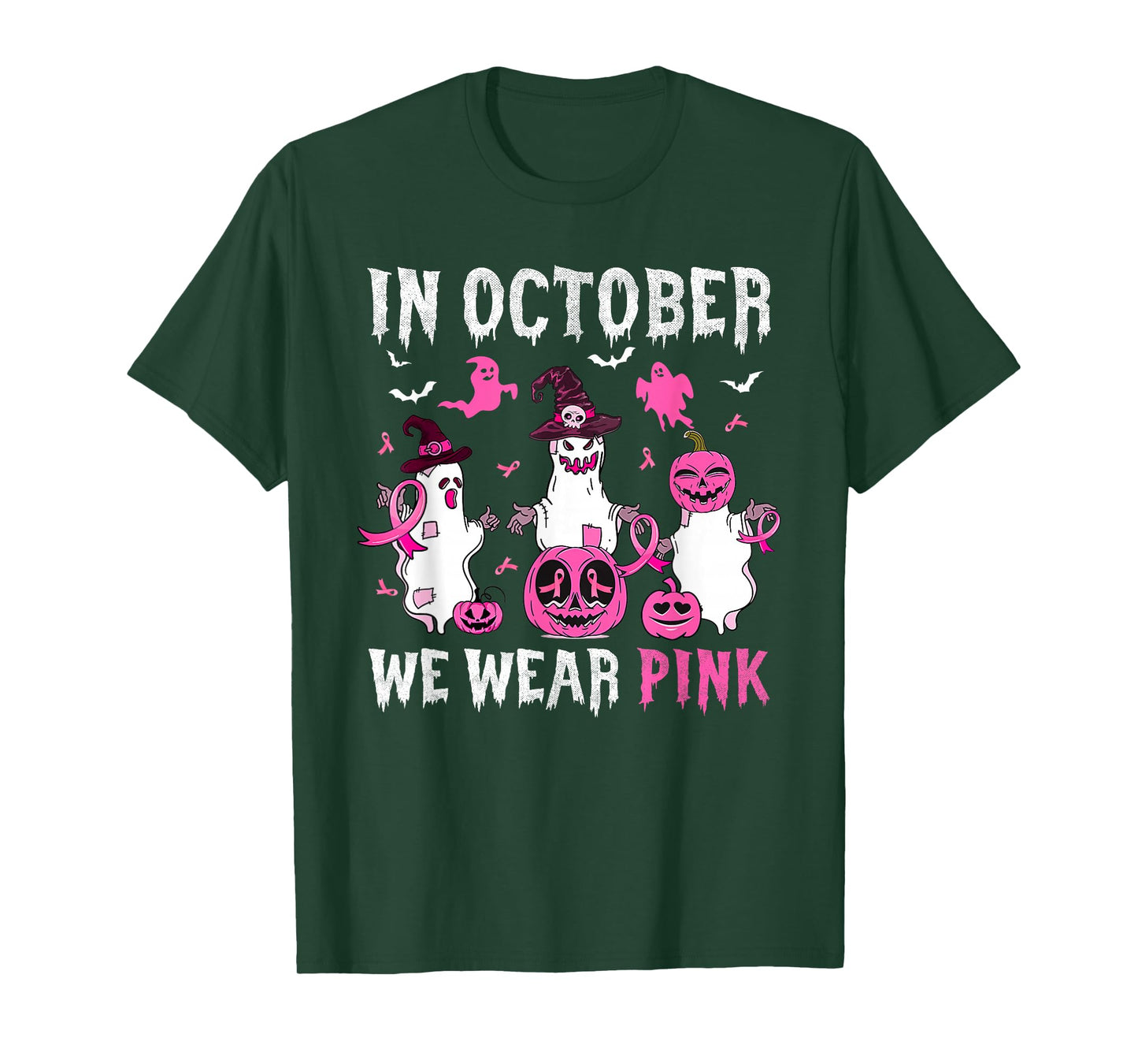 in October We Wear Pink Breast Cancer Awareness Halloween T-Shirt