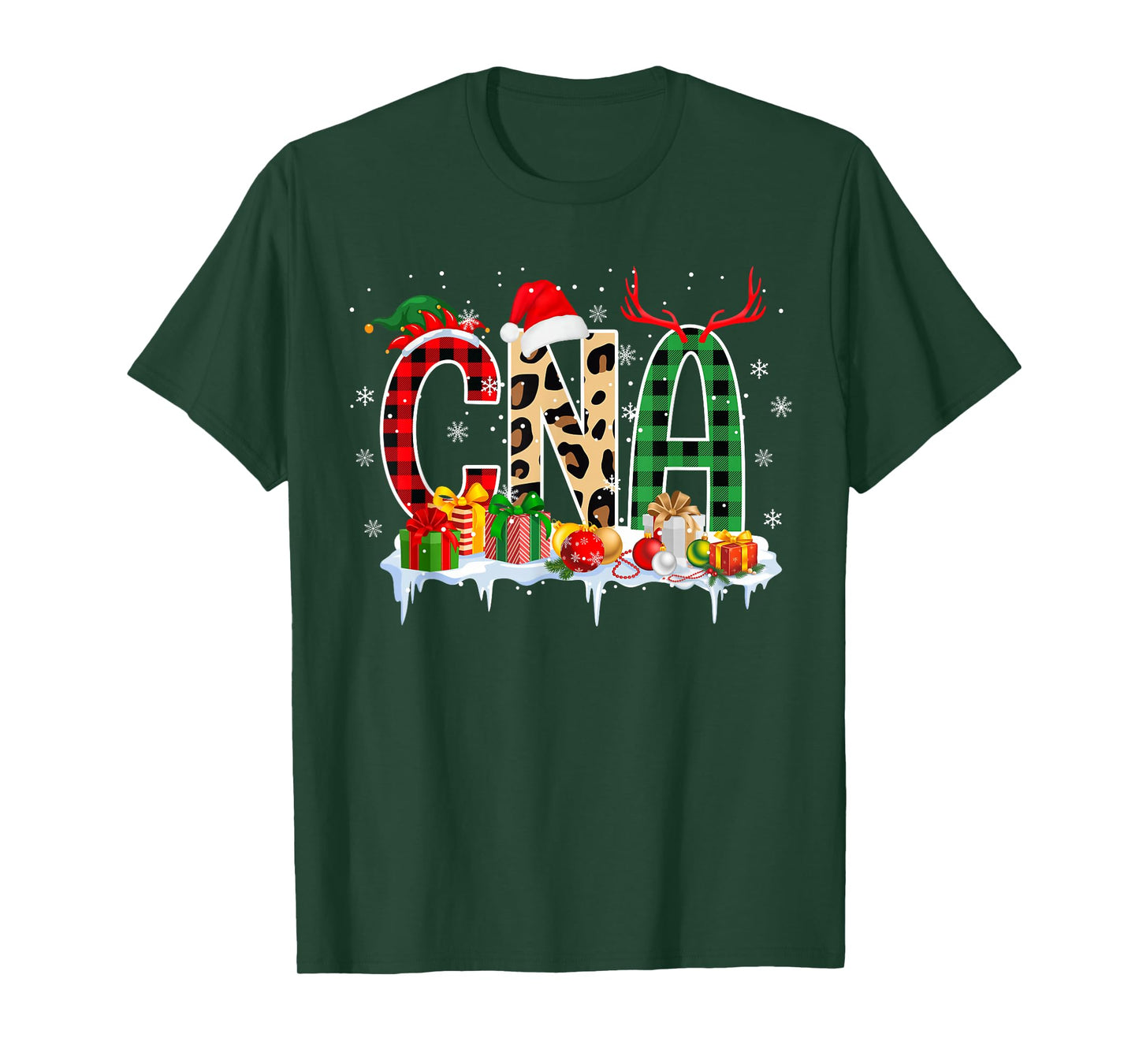 Leopard Red Plaid CNA Nursing Santa Hat Reindeer Christmas T-Shirt