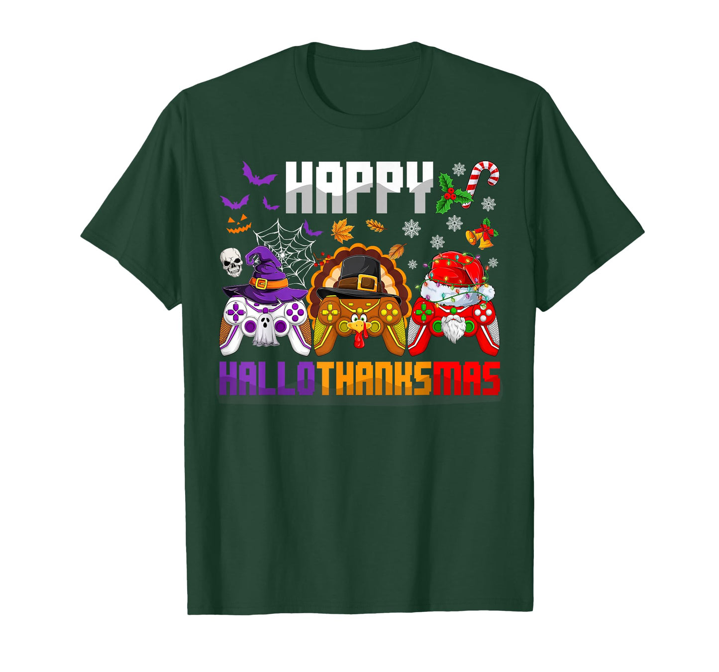 Happy Hallothanksmas Gamers Halloween Thanksgiving Christmas T-Shirt