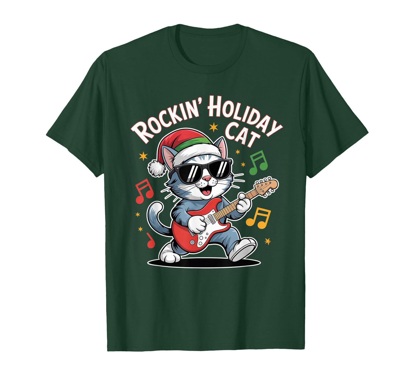 Christmas Santa Hat Cat Playing Guitar Rock and Roll T-Shirt